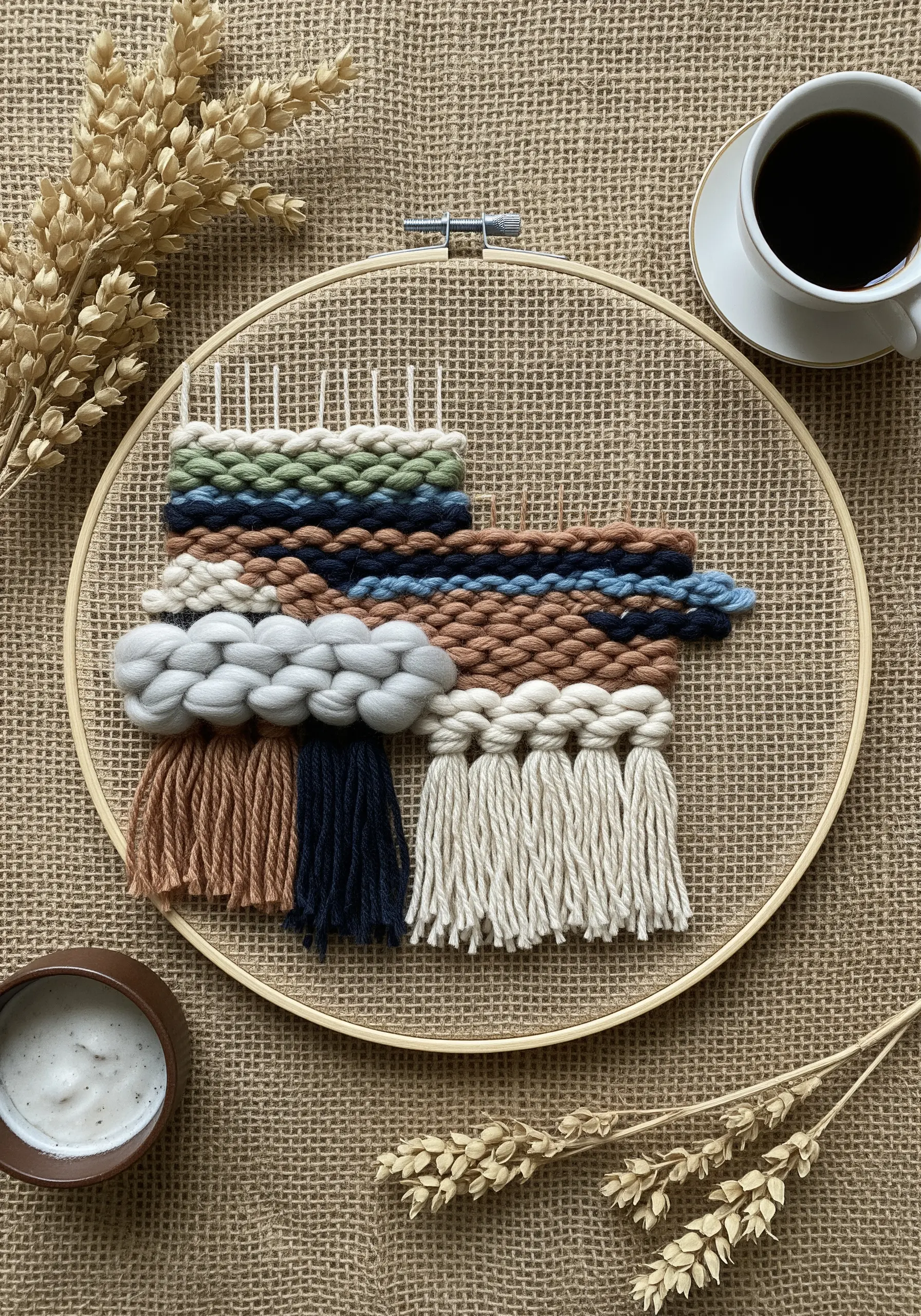 A small weaving with tassels and thick wool roving created inside an embroidery hoop.