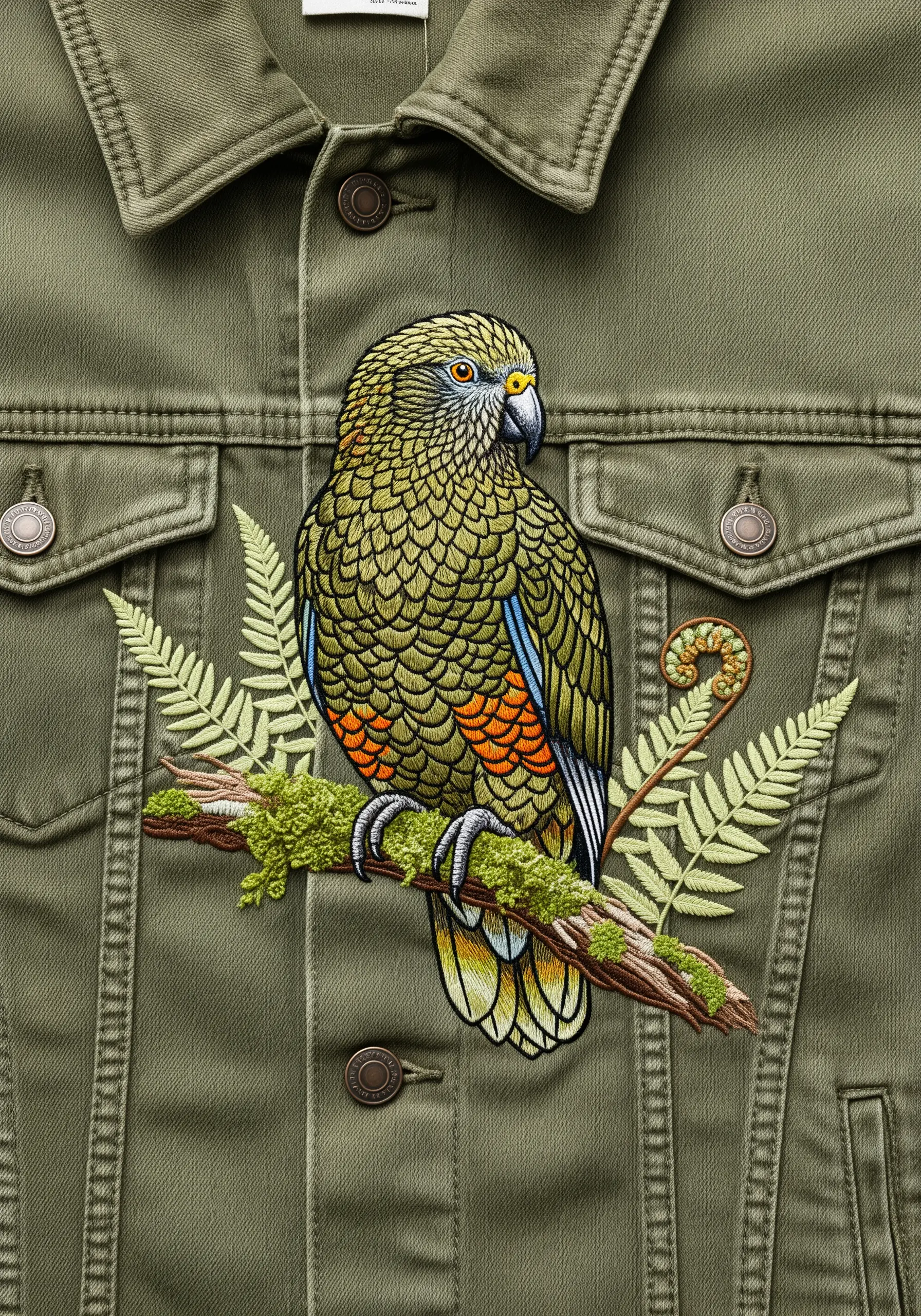 A New Zealand Kea parrot with detailed feathers, perched on a mossy, textured branch.