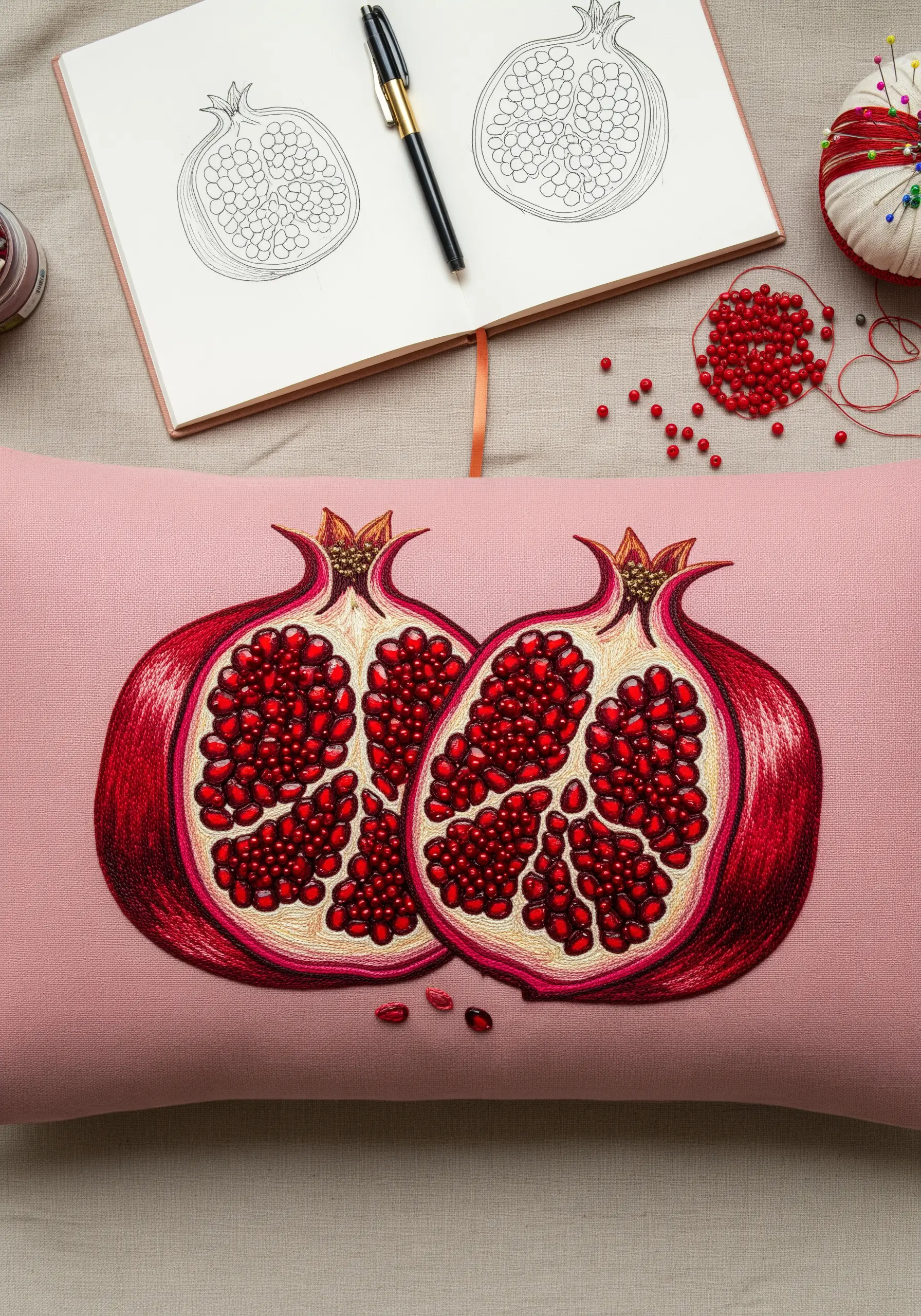 Detailed embroidery of a sliced pomegranate, with red beads used for the seeds.