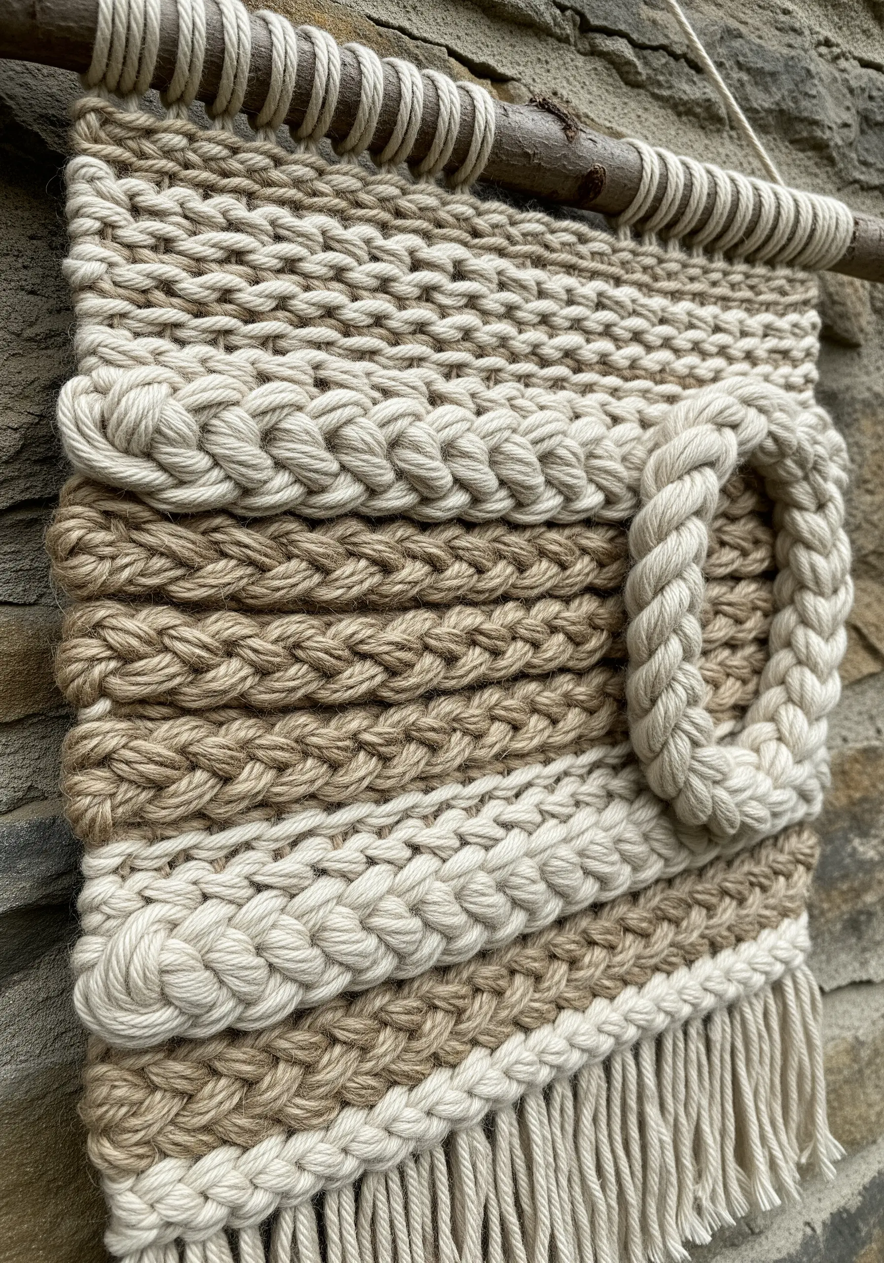 A close-up of a neutral-toned woven wall hanging featuring thick, chunky braided sections.