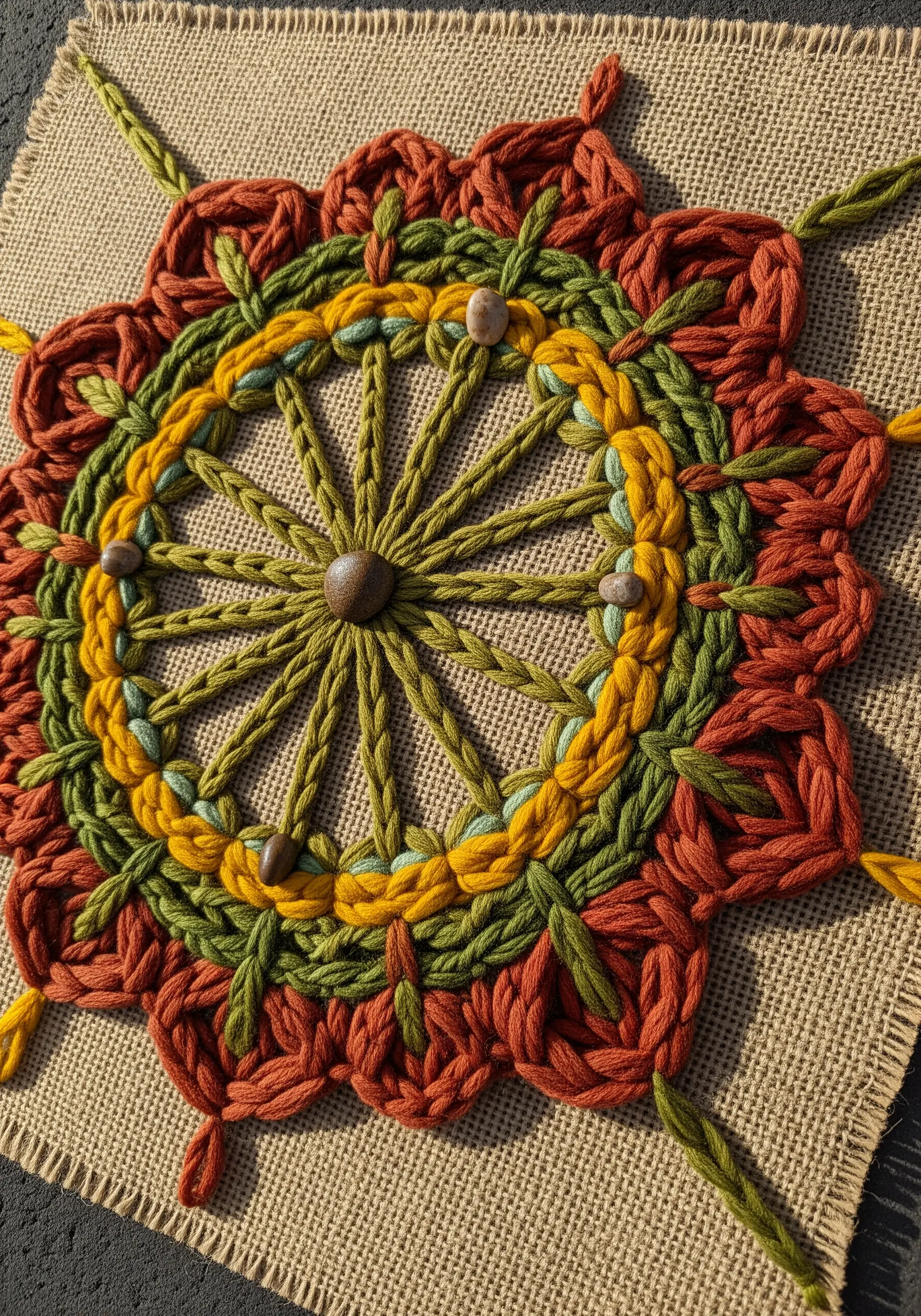 Rustic mandala made with chunky yarn and beads on a coarse burlap fabric.