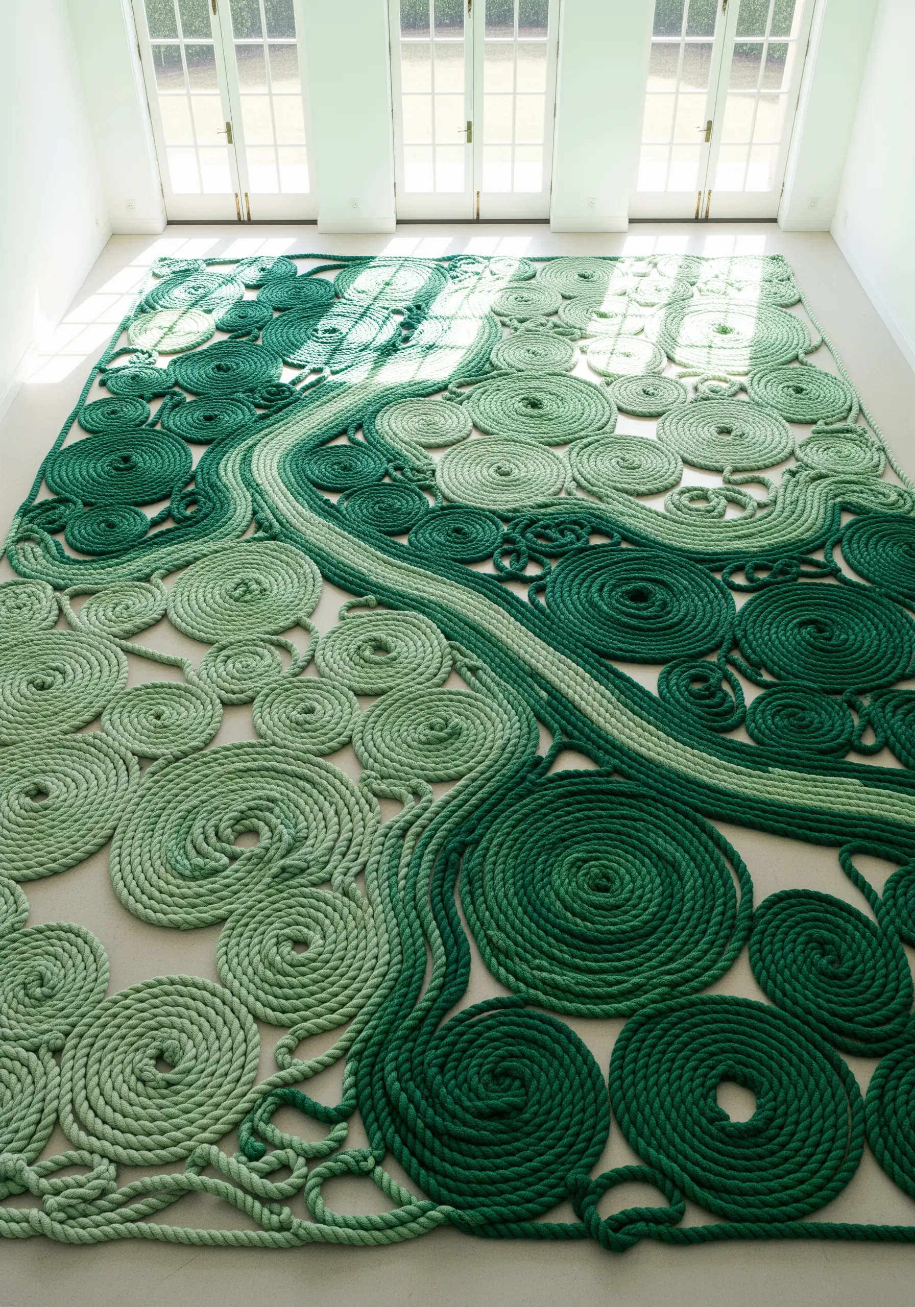 A floor installation made of thick green ropes coiled into tight spirals of varying sizes.