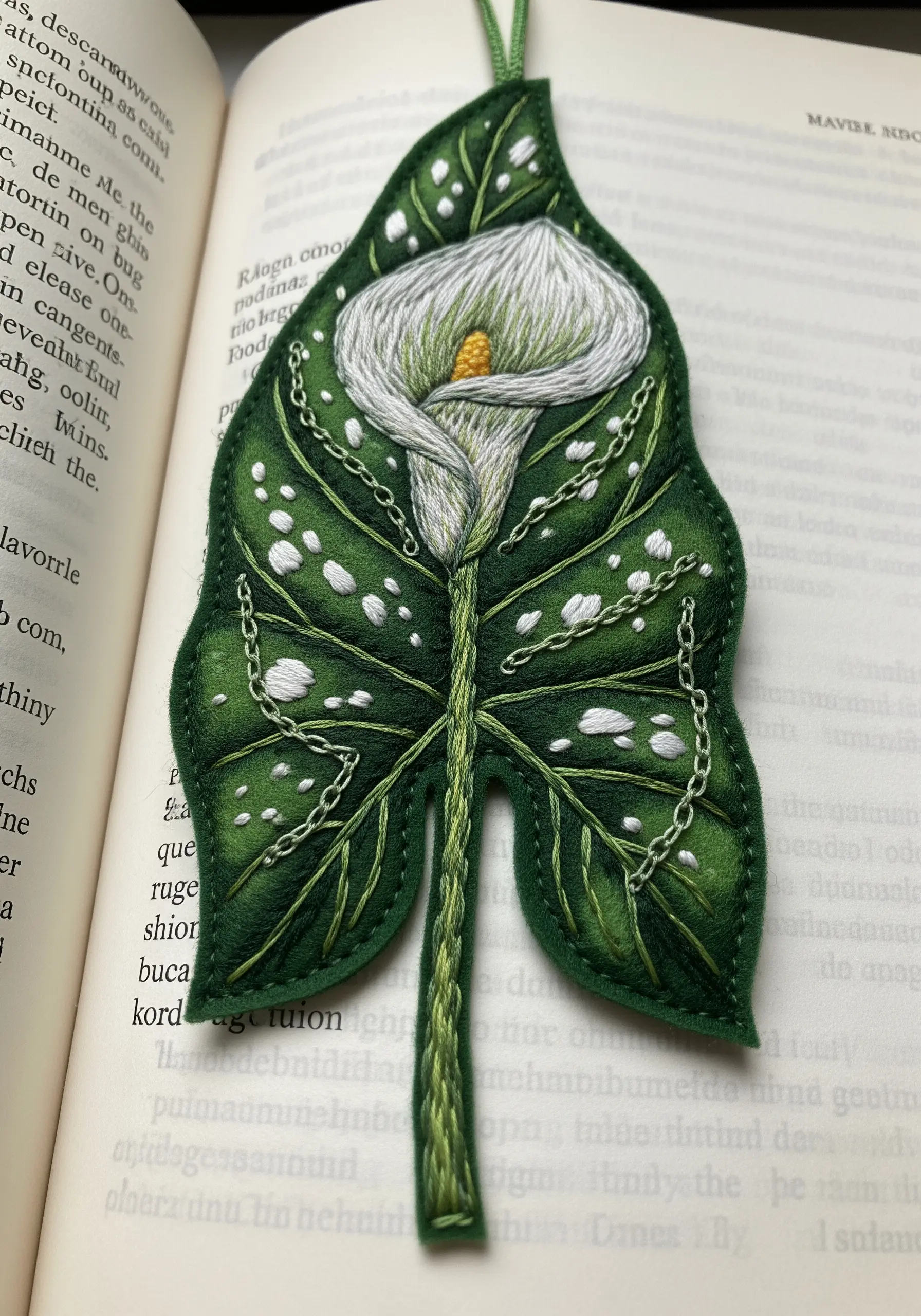 An embroidered bookmark shaped like a calla lily leaf with decorative chain stitches.