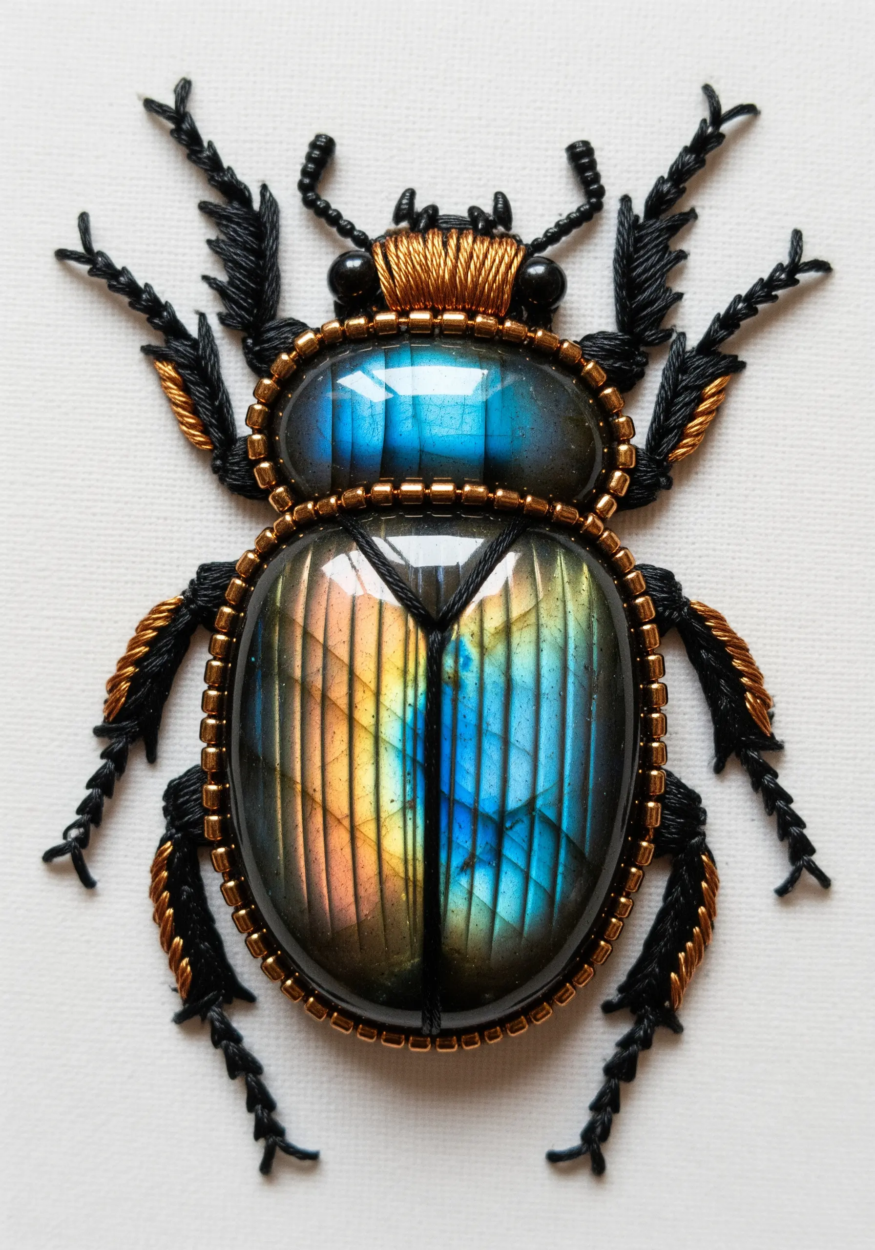 A labradorite cabochon embroidered to look like a beetle, with beaded bezel and metallic threads.