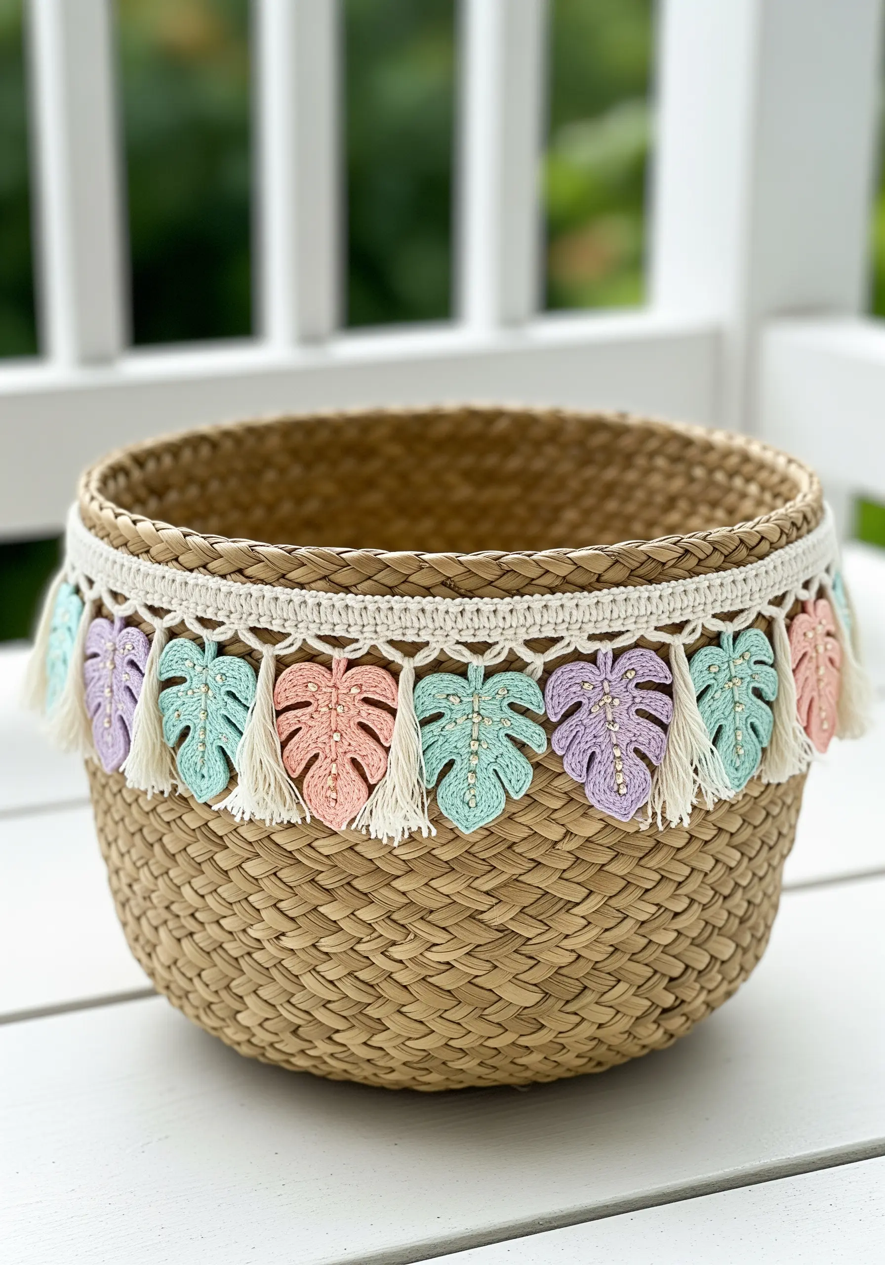 A seagrass basket decorated with a trim of pastel macrame leaves and white tassels.