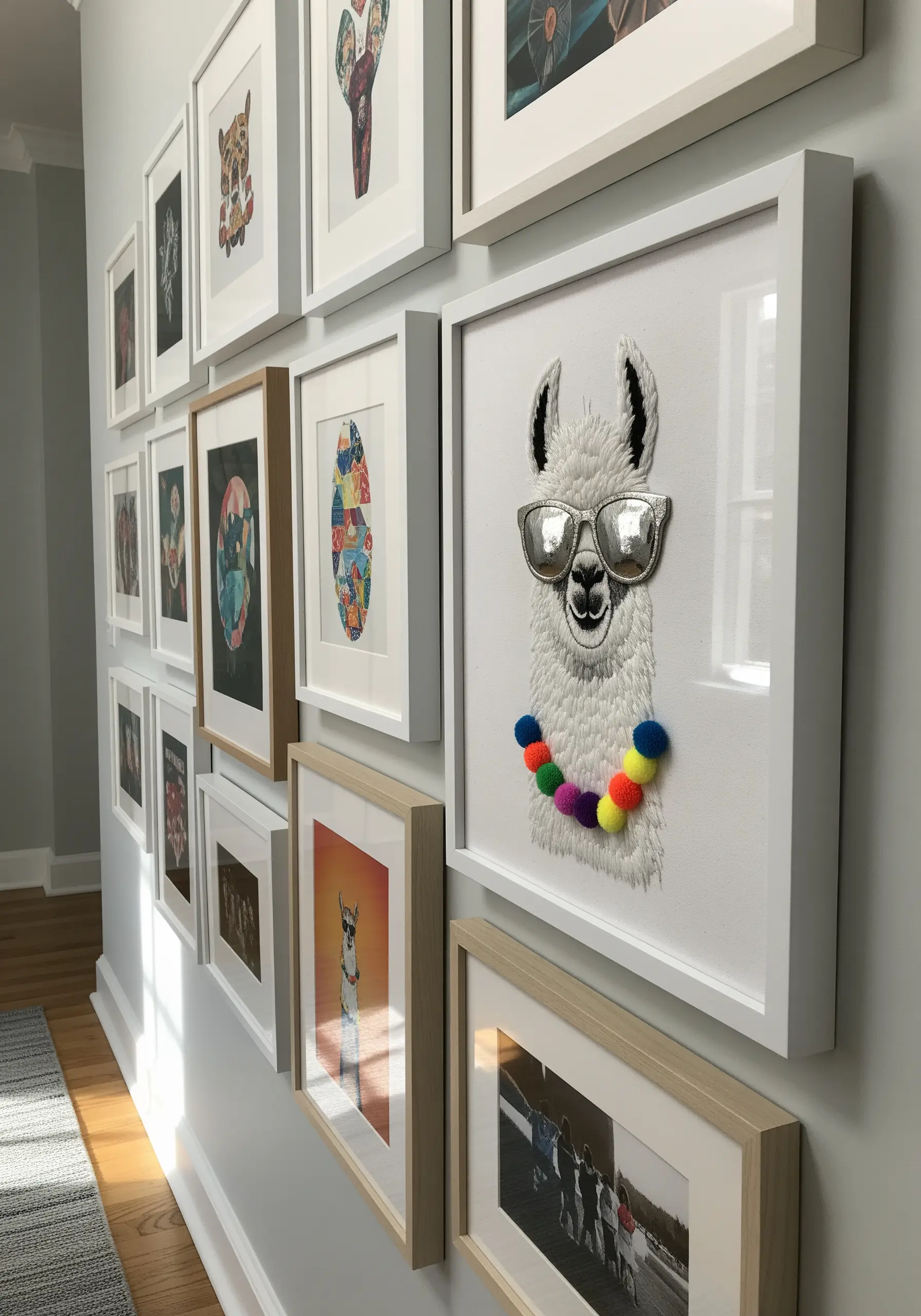 A cool embroidered llama wearing sunglasses and a colorful pom-pom necklace, part of a gallery wall.
