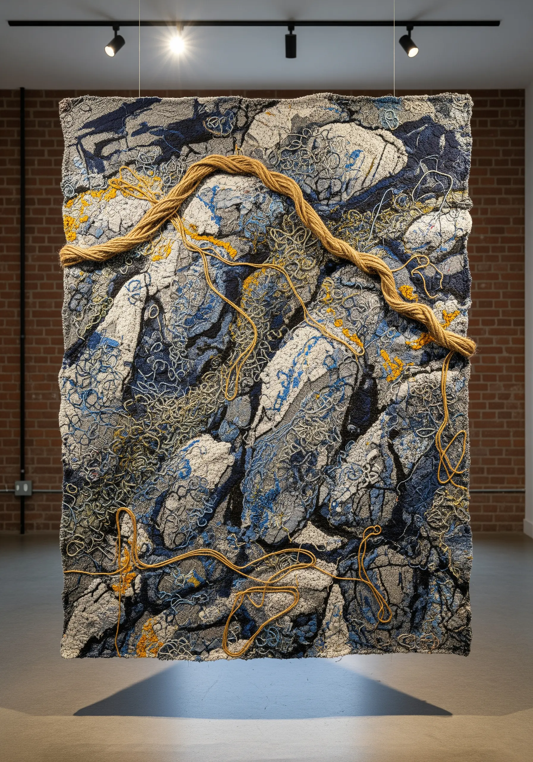 A large, abstract textile artwork representing rocky terrain, with thick rope couched across the surface.