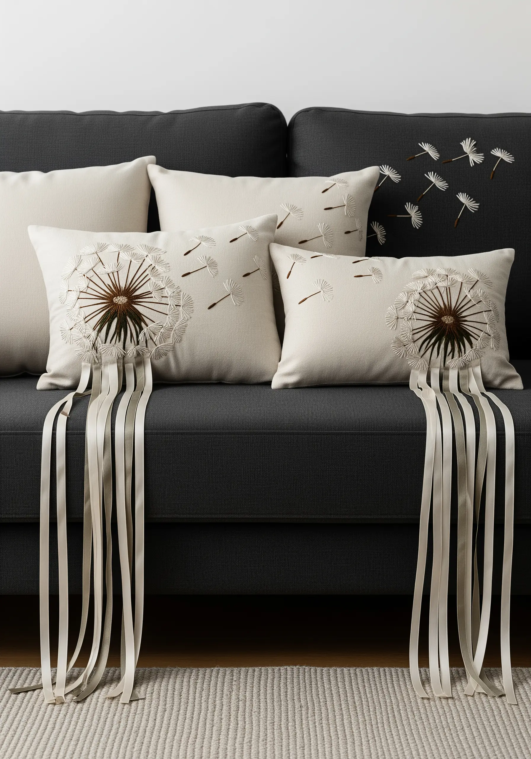 Embroidered pillows with dandelion clocks, one featuring long white ribbons flowing from the base.