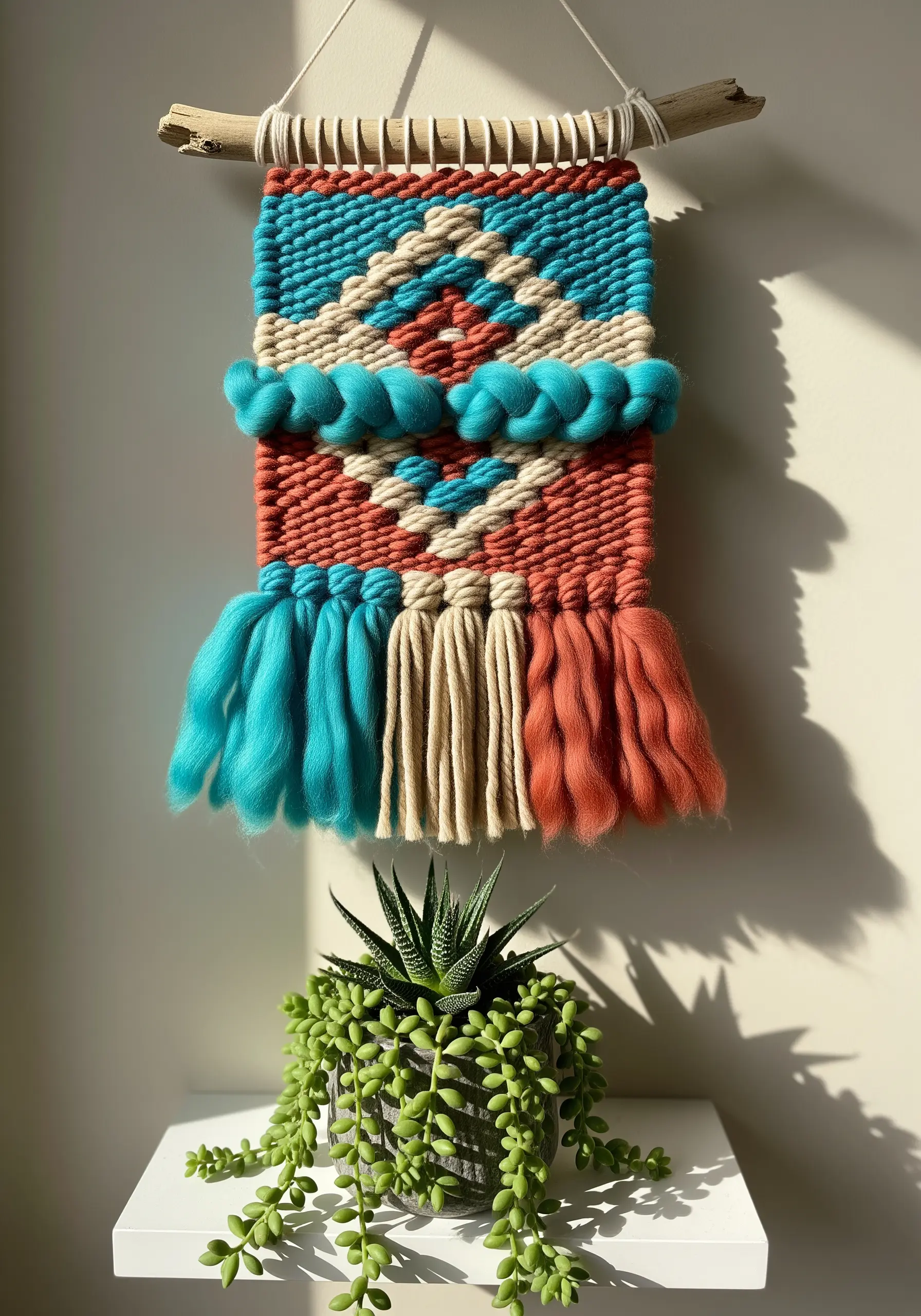 A colorful woven wall hanging with chunky wool roving and braided details.