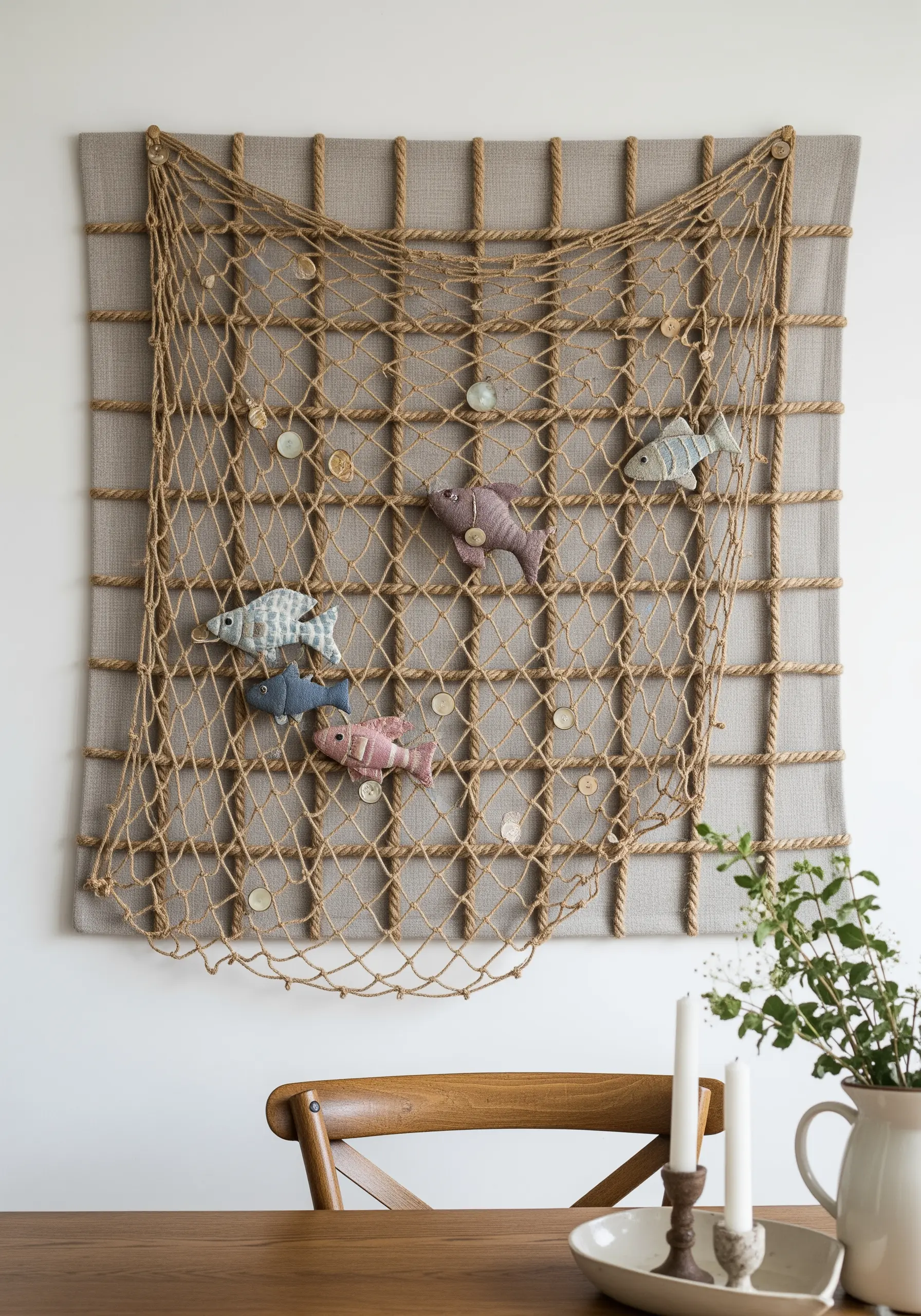 A wall hanging with a fishing net made from real rope, with small stuffed fabric fish attached.