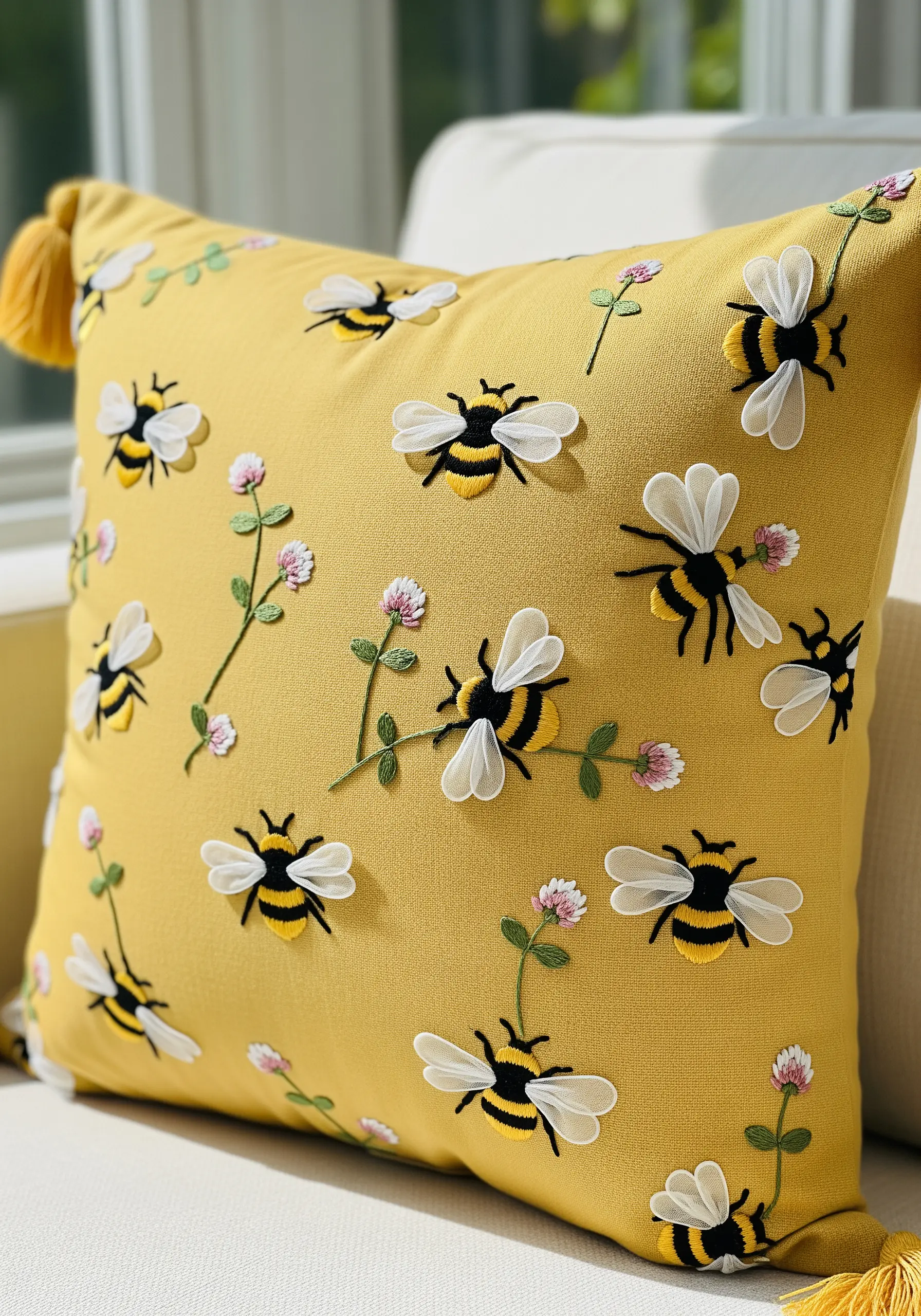 Playful bees embroidered on a yellow pillow with sheer, 3D organza wings.