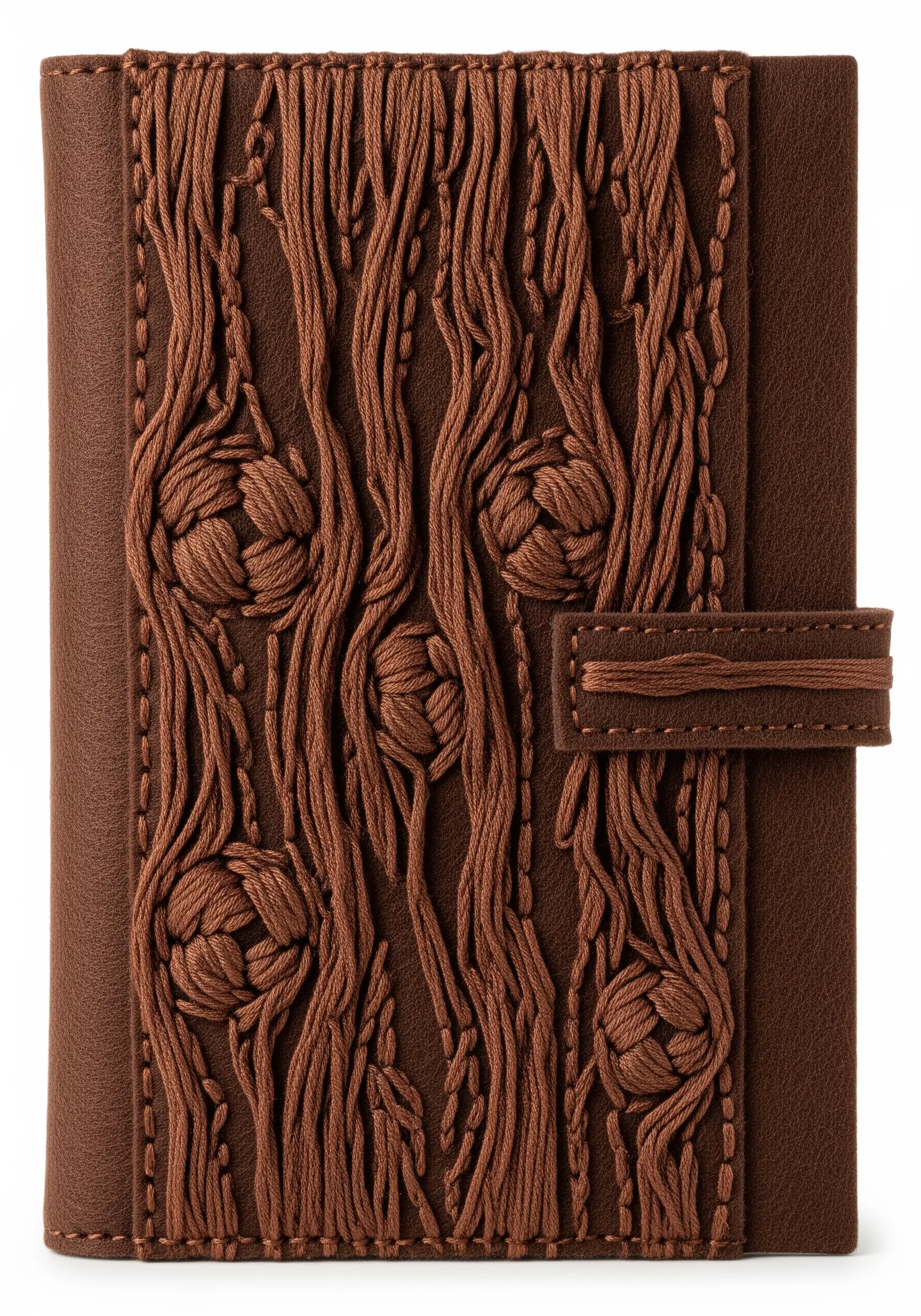 A brown journal cover with a heavily textured embroidered panel featuring woven and knotted threads.