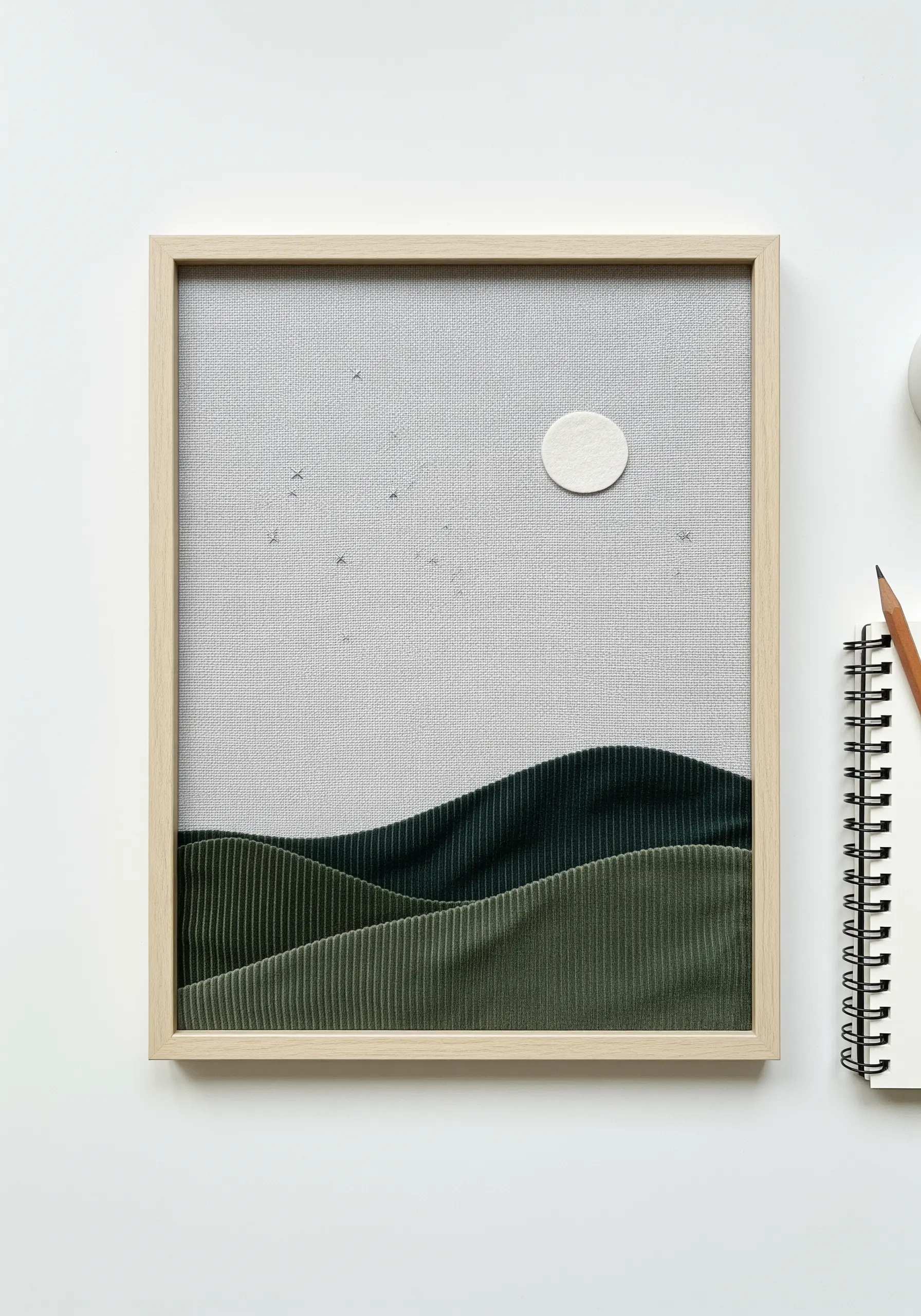 Framed fabric collage landscape using green corduroy for rolling hills.