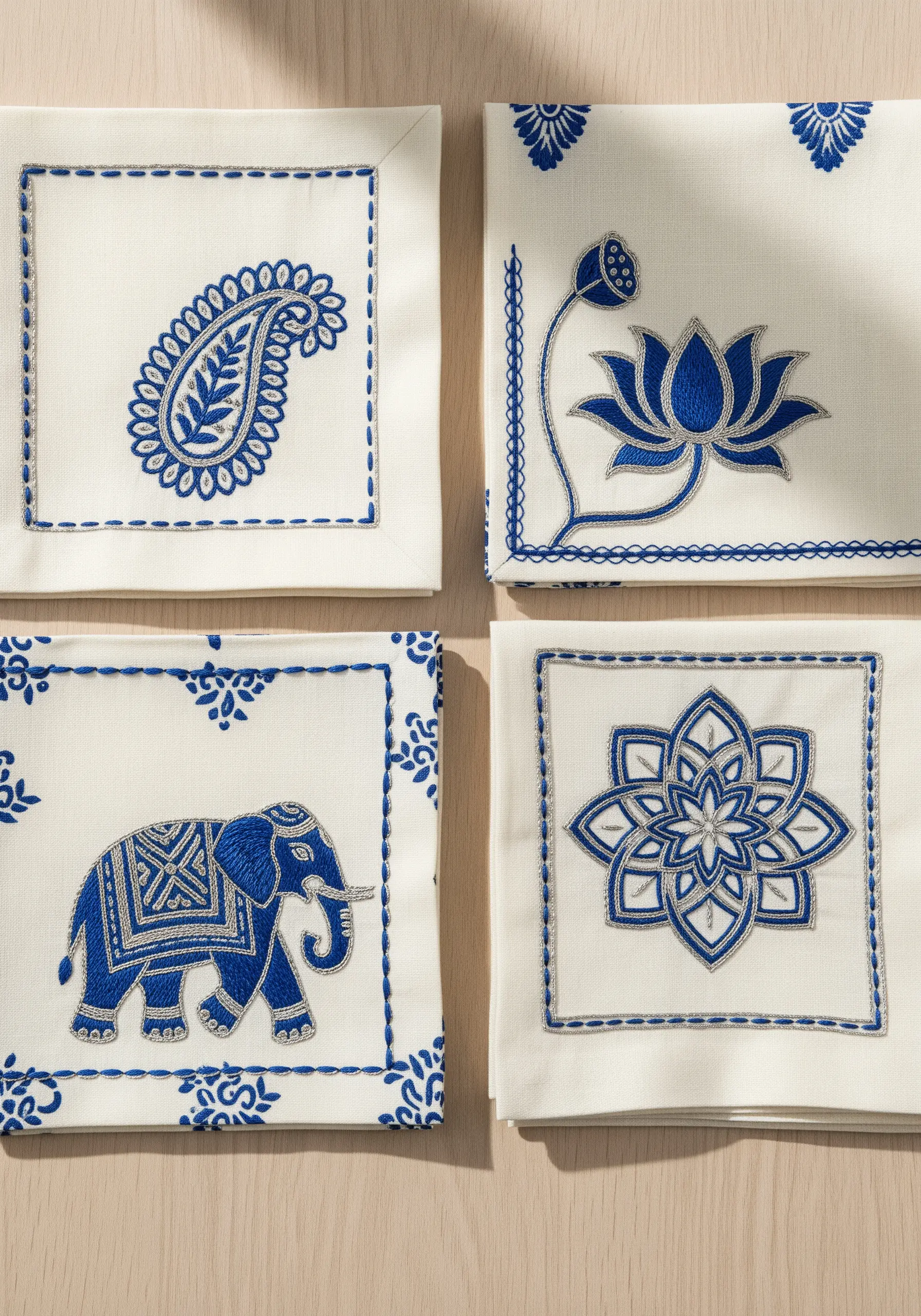 Four napkins with Indian embroidery: paisley, lotus, elephant, and mandala in blue and silver.
