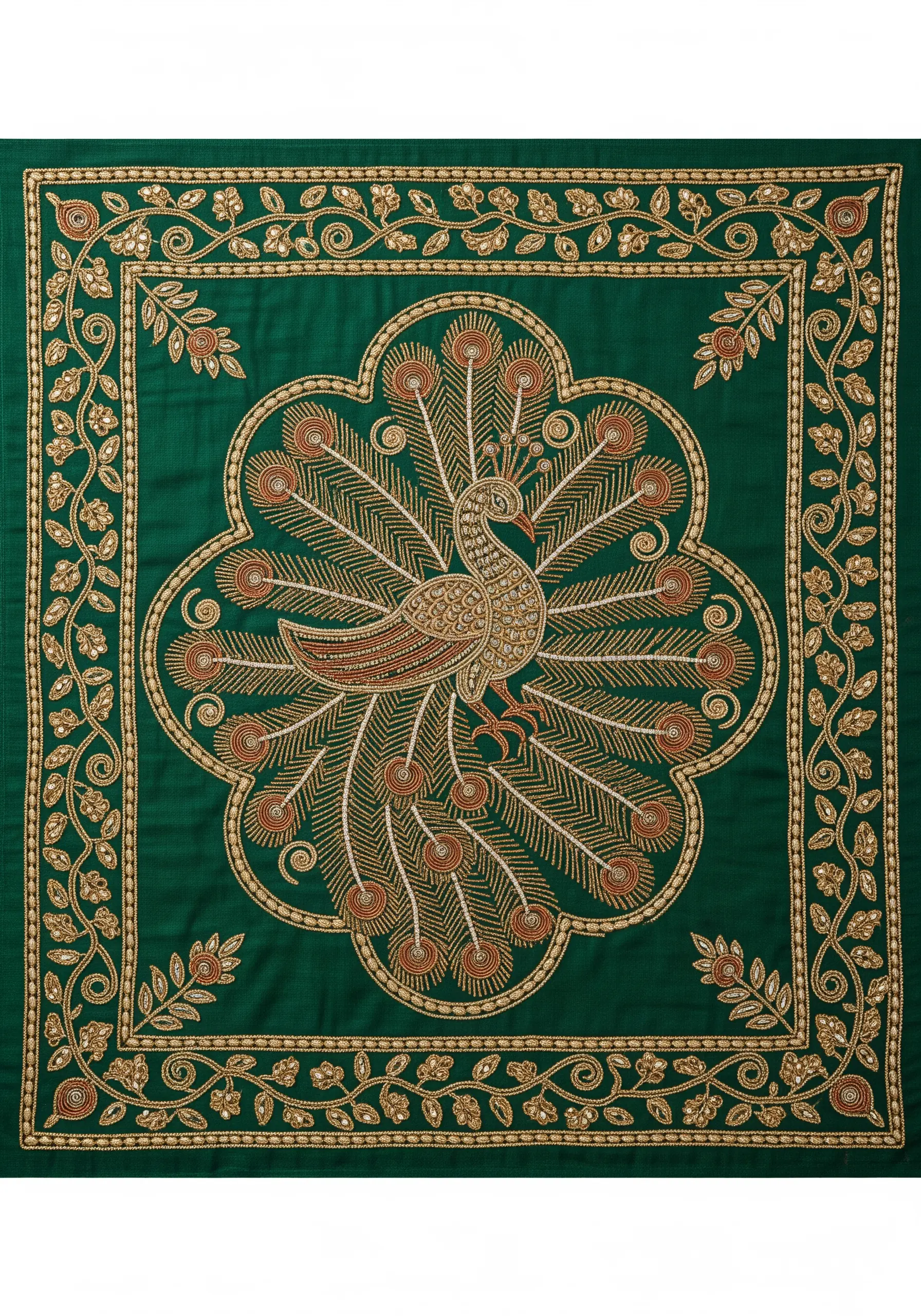 Intricate Zardozi peacock embroidered in gold and copper metallic threads on green fabric.