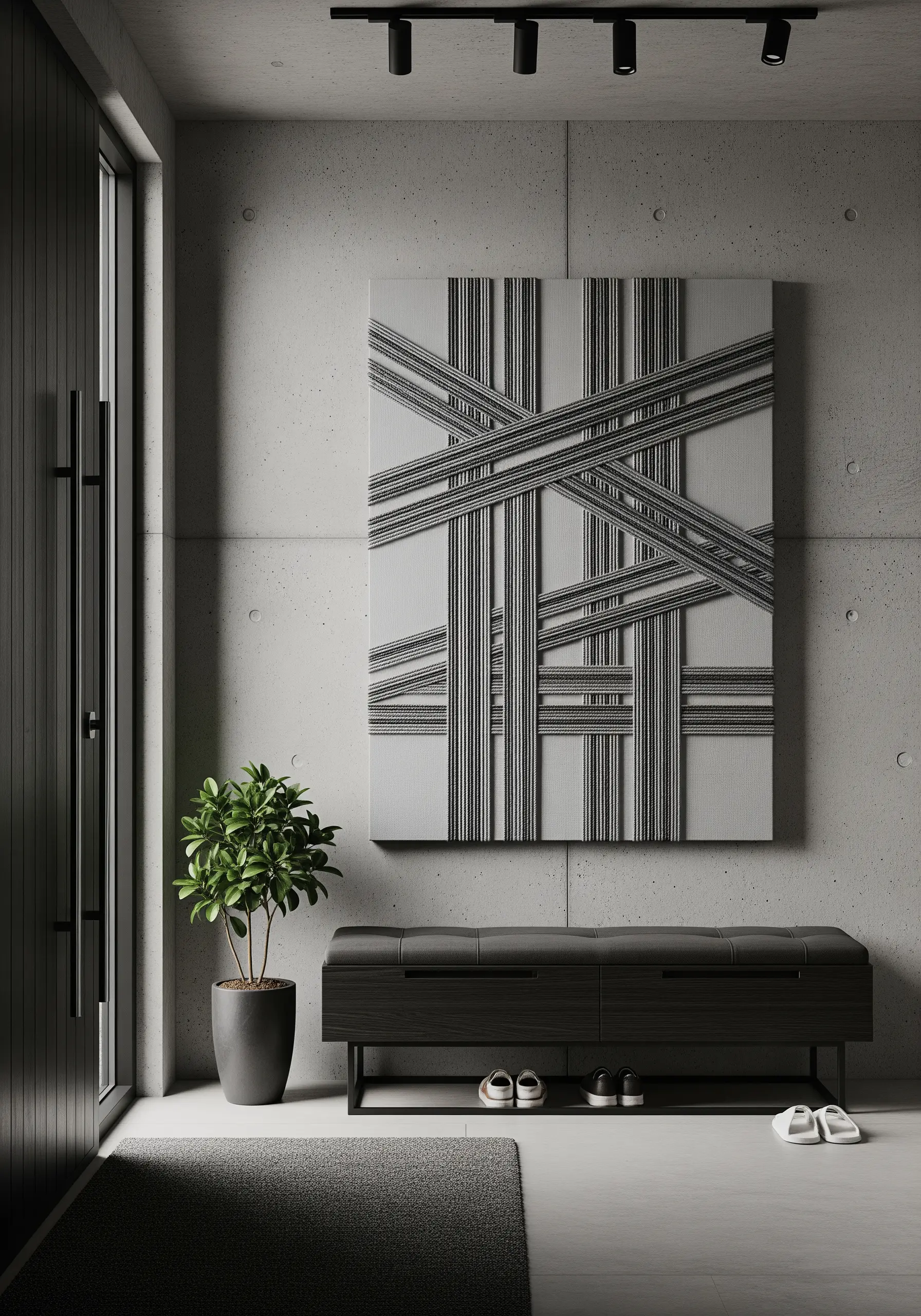 Abstract wall art with black-and-white wrapped cords stretched in overlapping lines across a canvas.