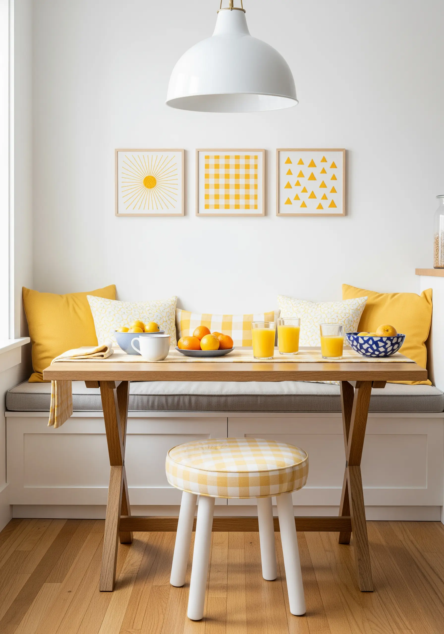 A trio of framed embroideries in yellow and white featuring a sun, a grid, and triangles.