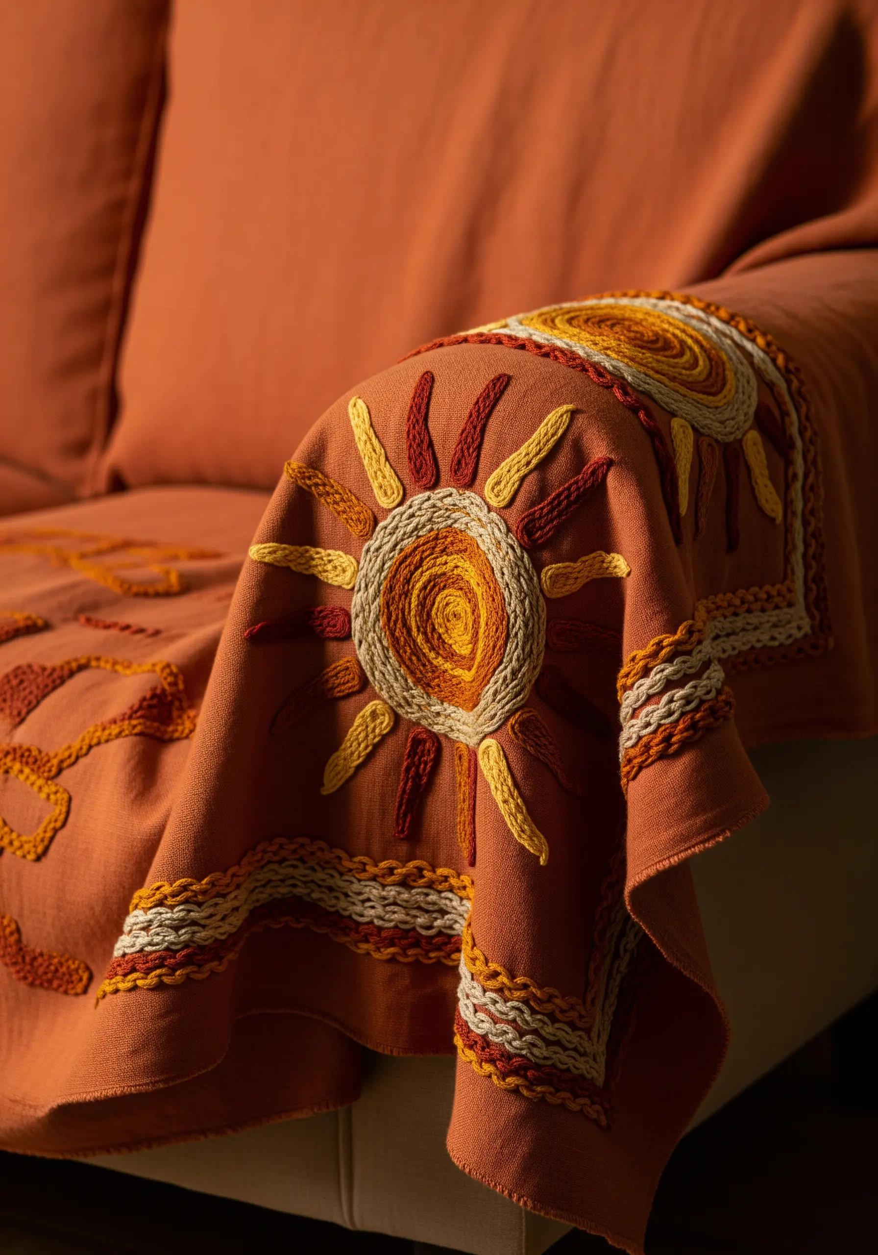 An orange throw blanket with a large, textural embroidered sun in yellow and white.