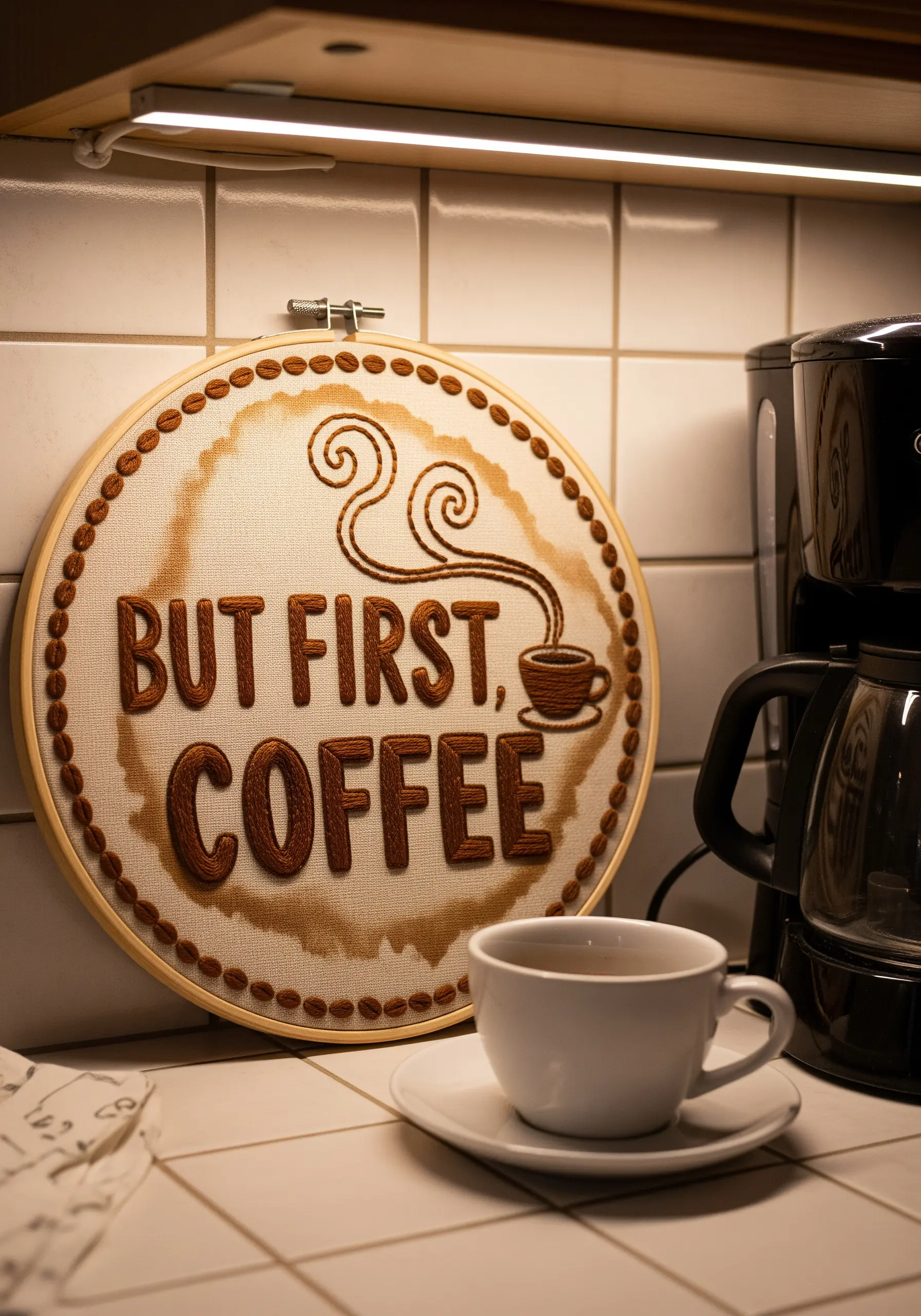 A 'But First, Coffee' embroidery with textured brown letters and a coffee stain effect.