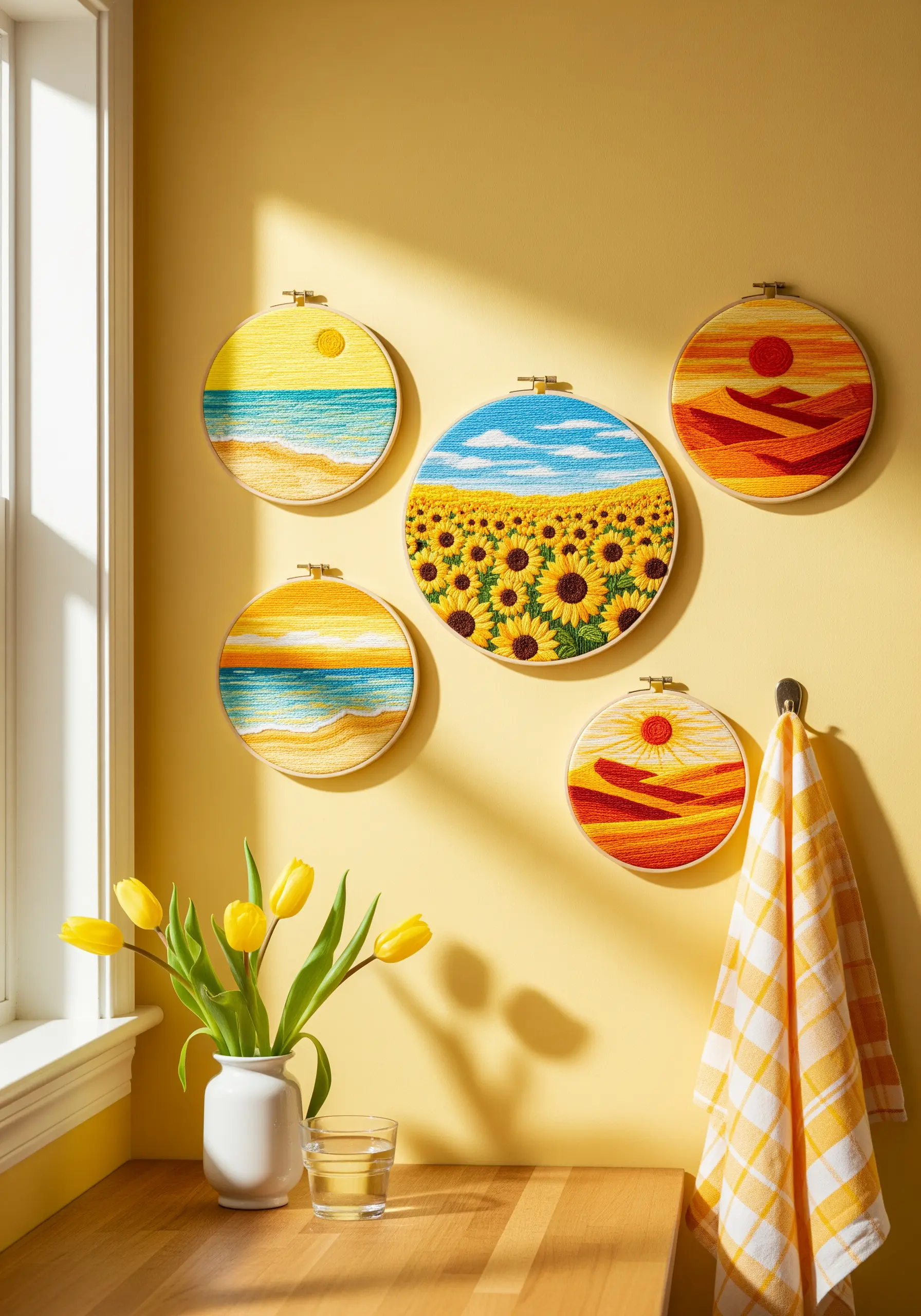 A collection of five embroidery hoops with sunny beach, desert, and sunflower scenes.