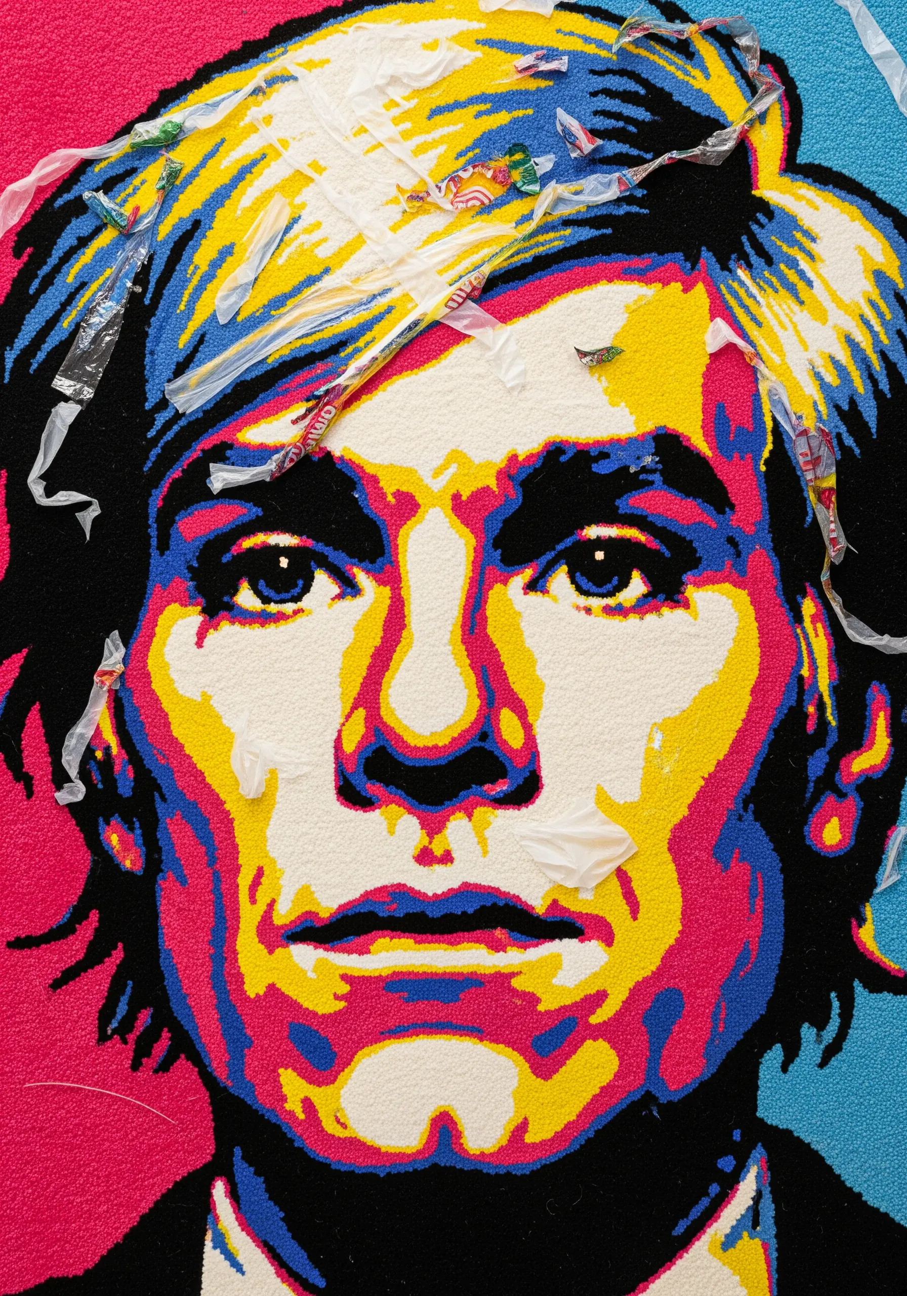 A colorful Pop Art-style portrait of Andy Warhol made with tufted yarn and plastic wrappers.