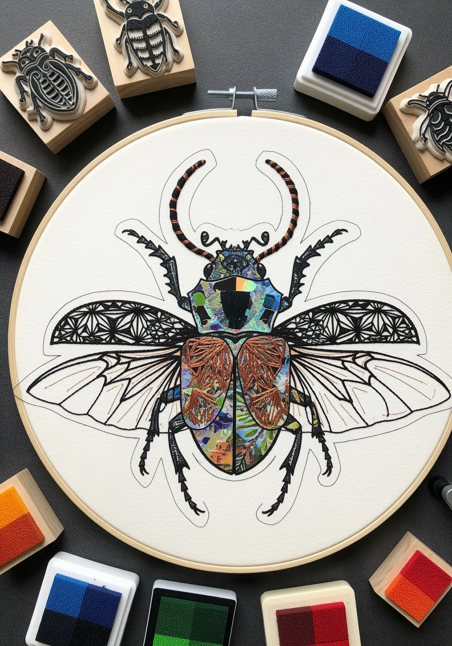 Beetle design in an embroidery hoop with paper collage filling and stitched details.