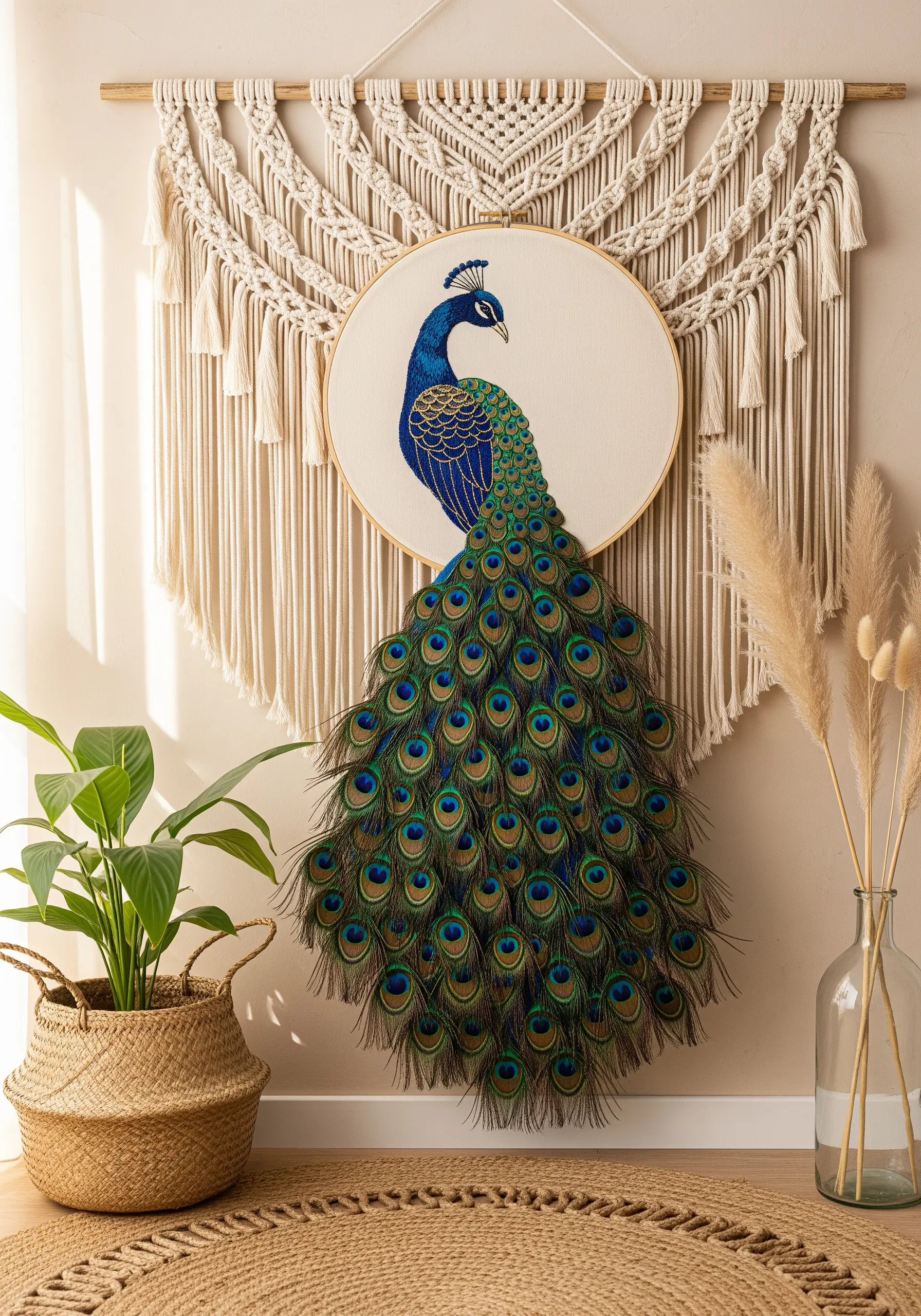 An embroidered peacock head and neck with a large tail made of real feathers.