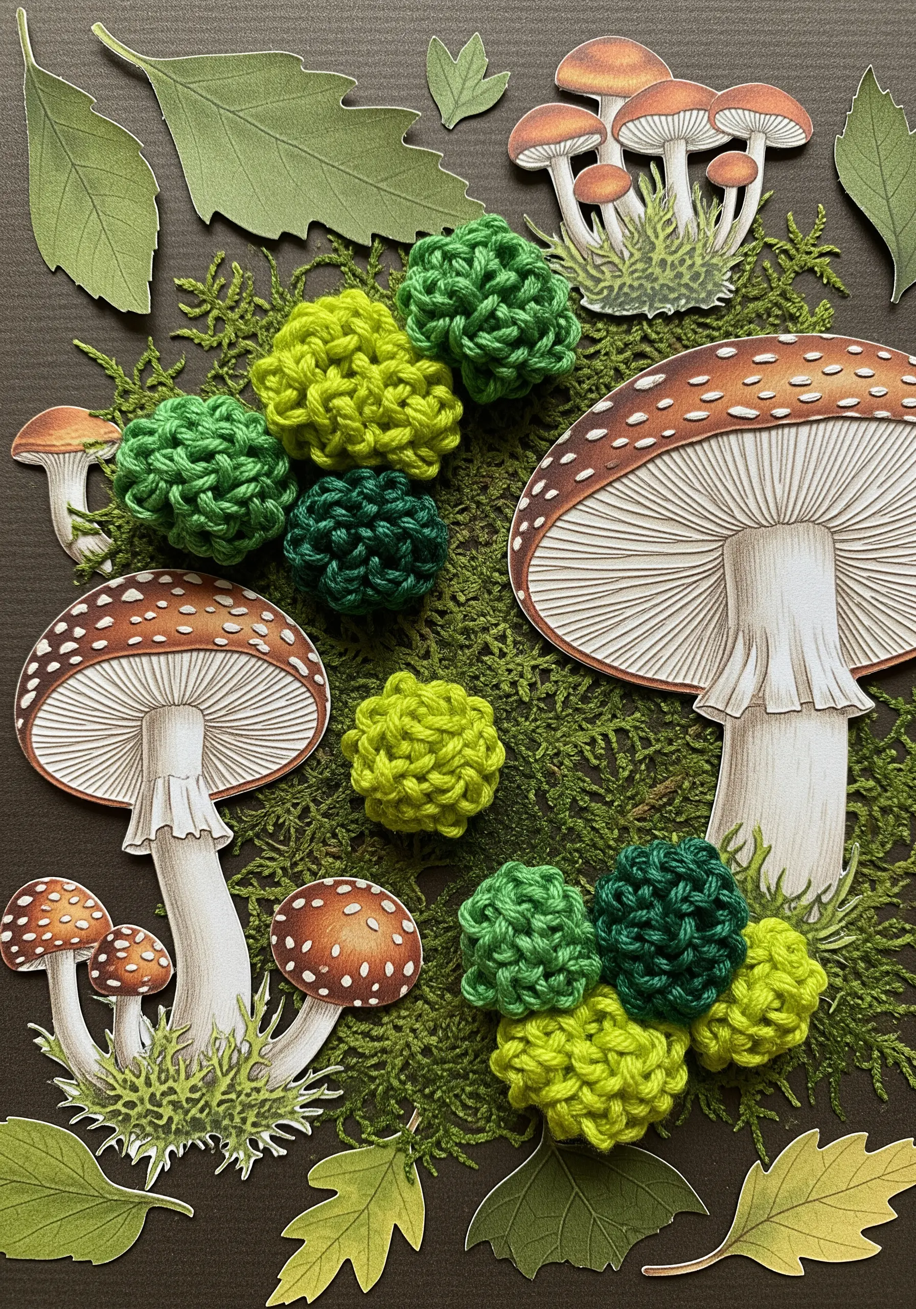 A collage with mushroom cutouts and 3D crocheted green yarn balls representing moss.