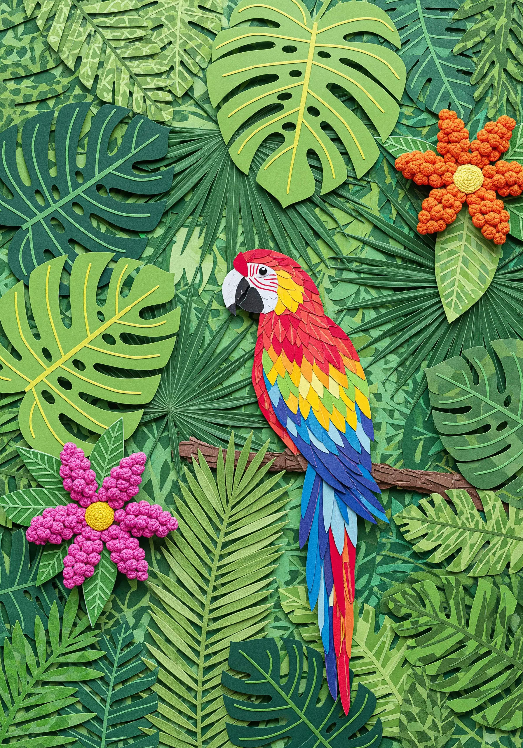 A dense paper collage of jungle leaves with a parrot and 3D embroidered flowers.