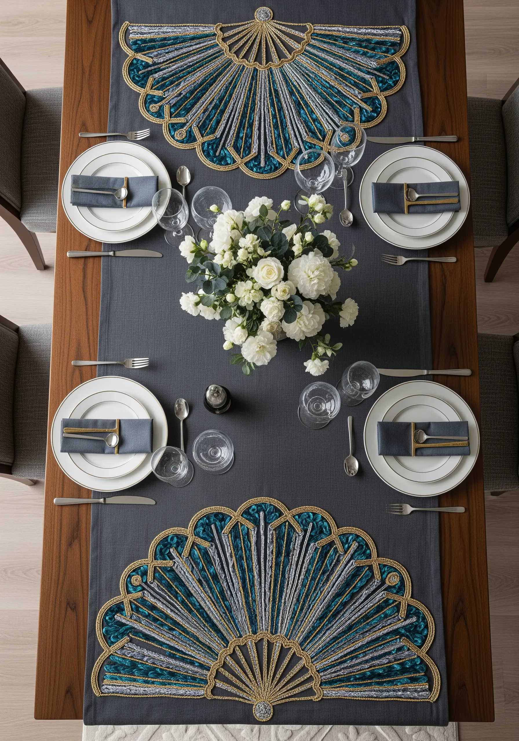 Art deco style table runner with teal and gold embroidery and beadwork.
