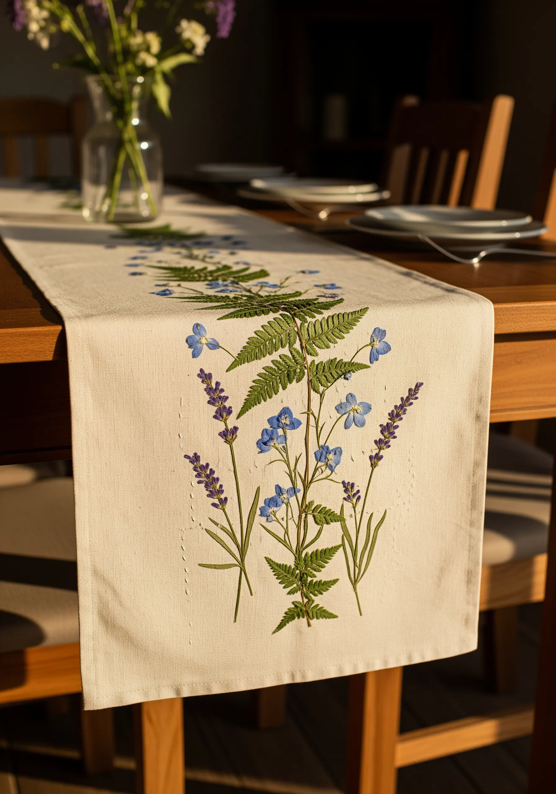 A linen table runner decorated with pressed ferns, lavender, and blue flowers.