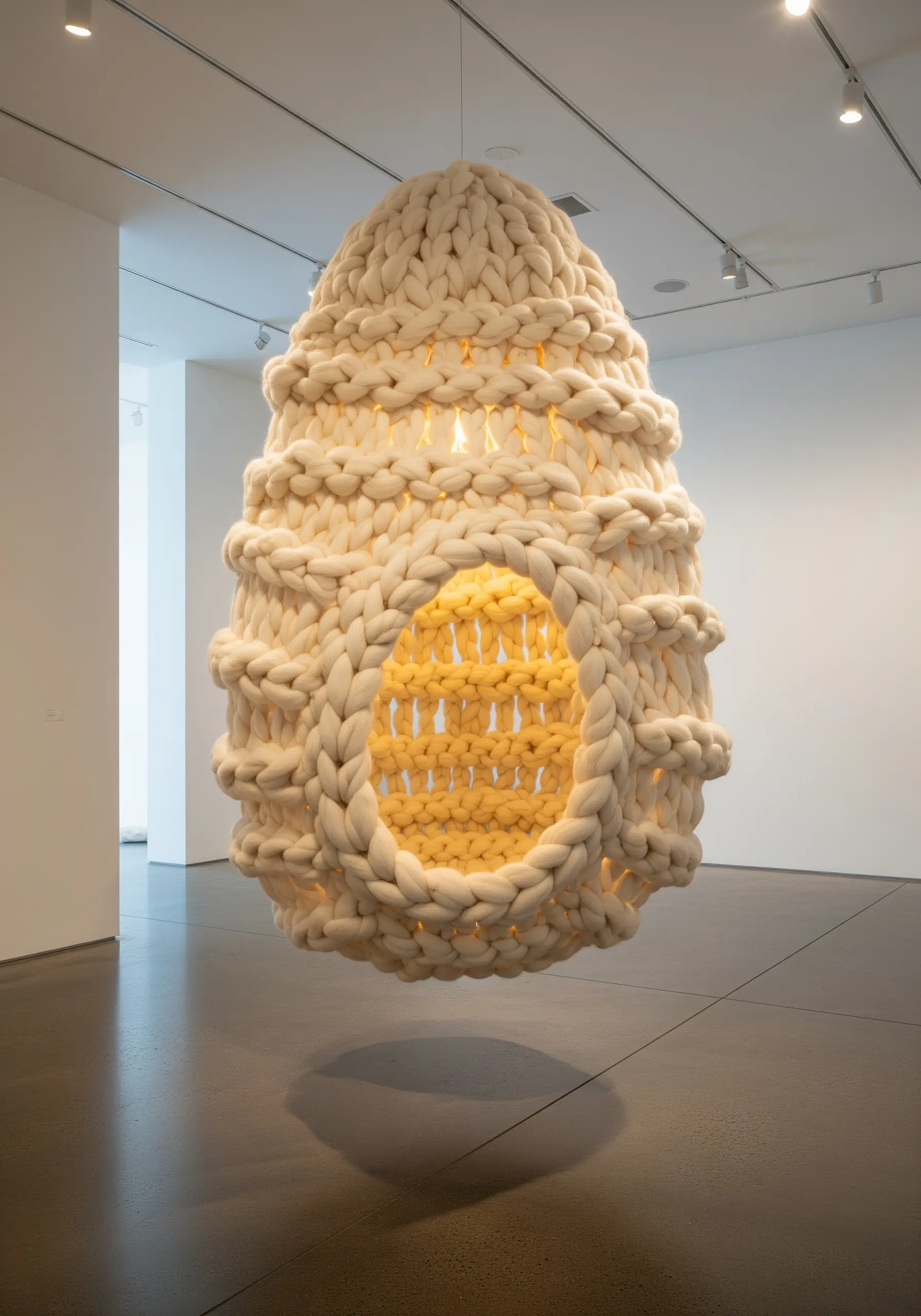 A giant, sculptural cocoon made from chunky cream-colored yarn hanging in a gallery.