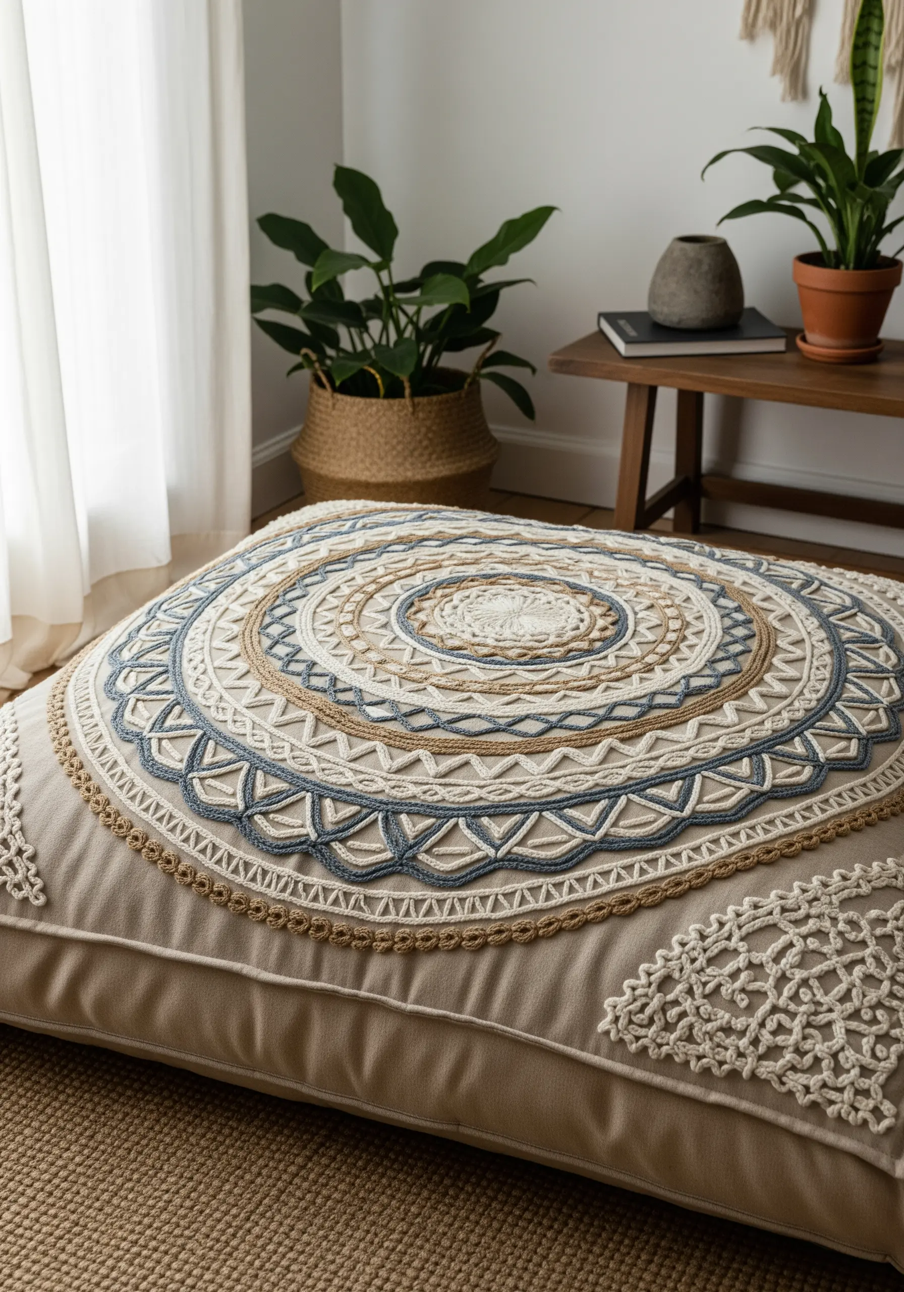 Large floor cushion with a mandala design combining embroidery and crochet.