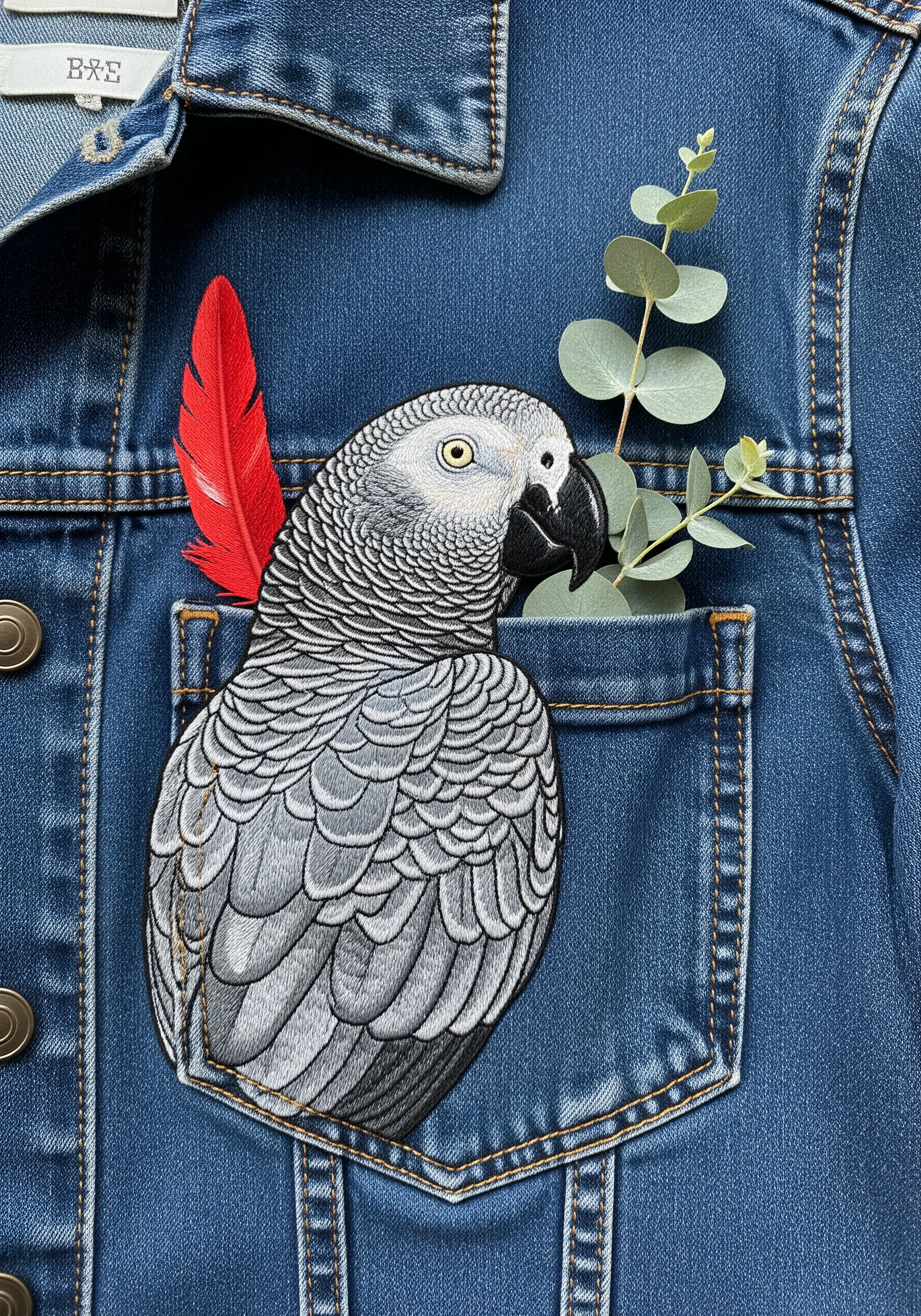 An African Grey parrot embroidered to look like it's sitting in a denim jacket pocket.