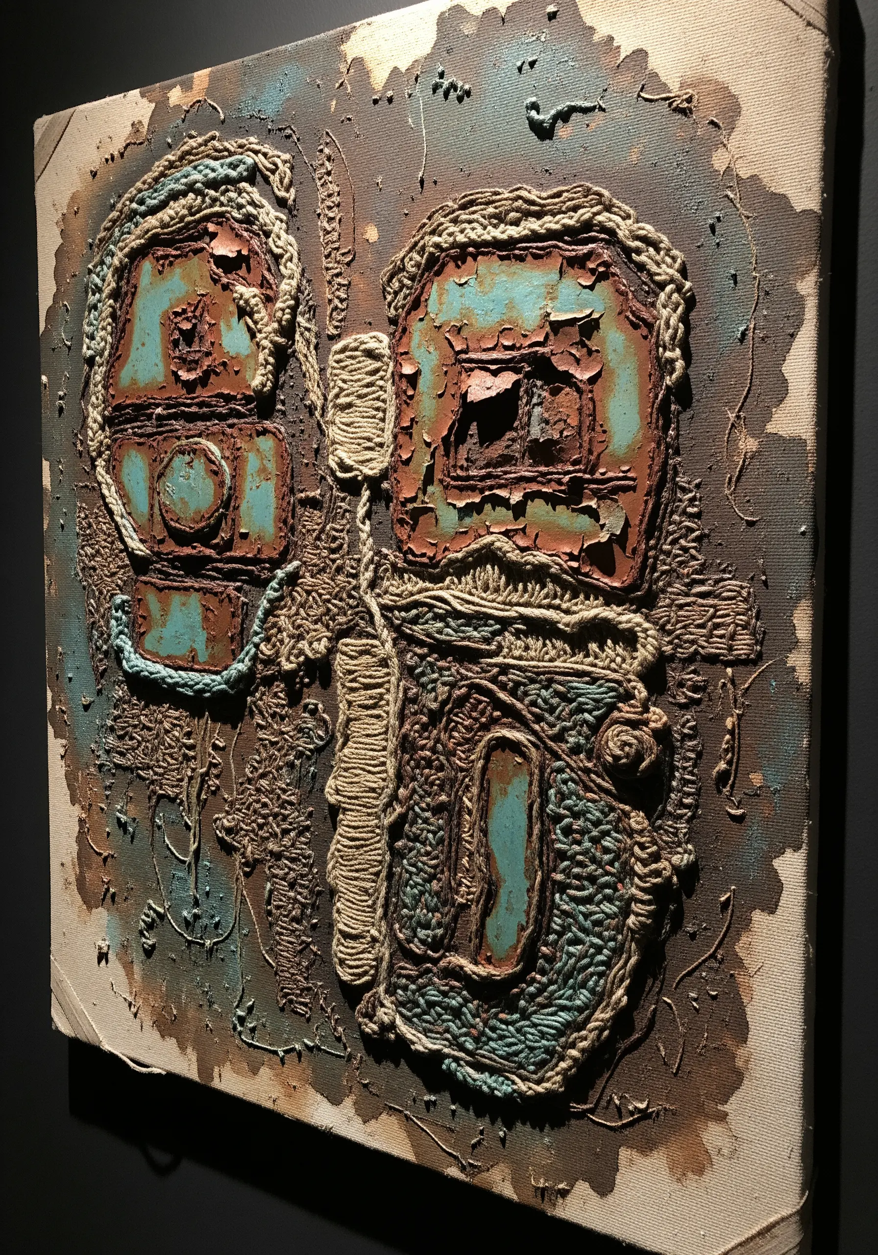 Mixed-media embroidery with distressed, painted fabric and couched rustic fibers.