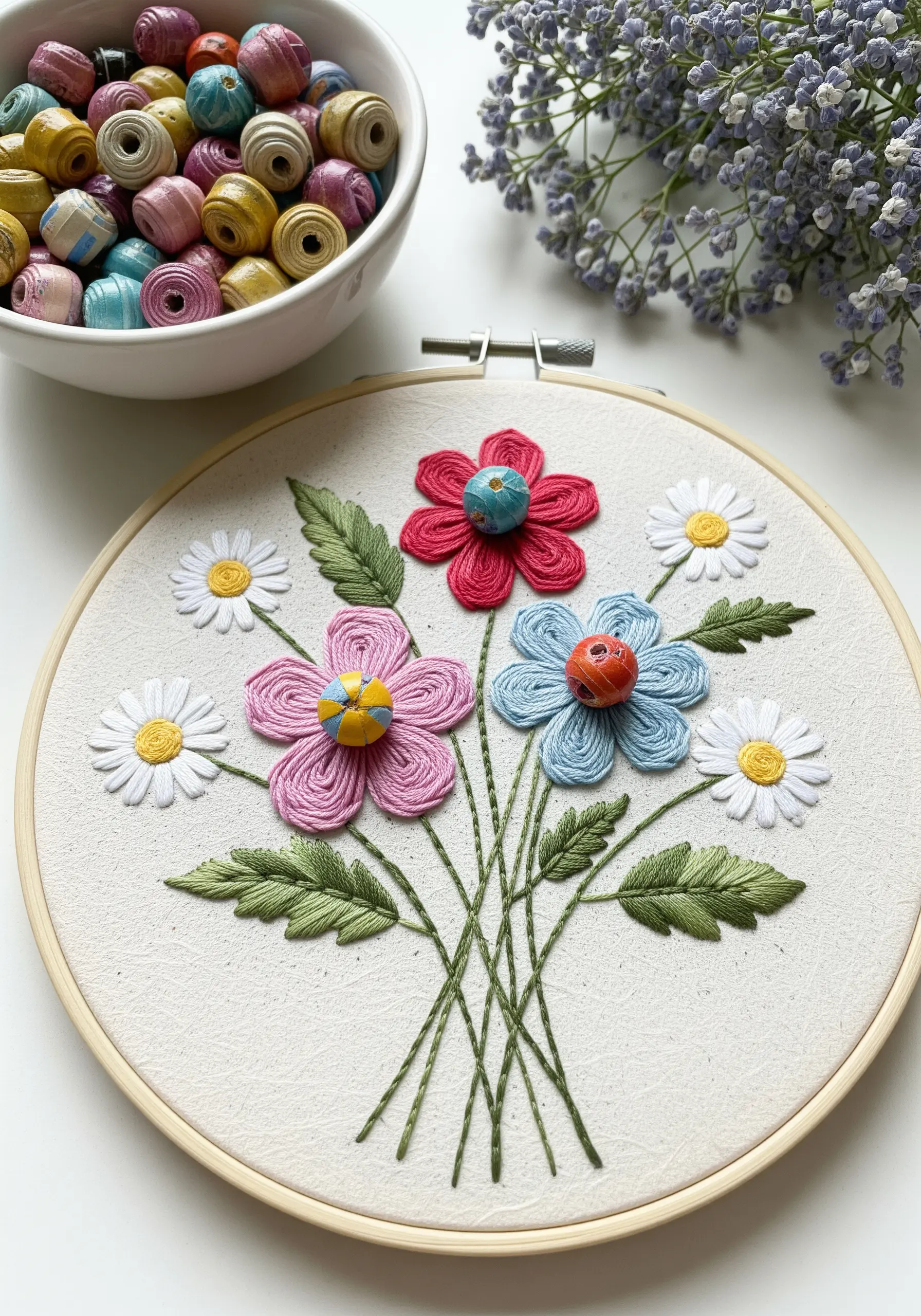 Embroidered flowers with colorful handmade paper beads stitched into their centers.
