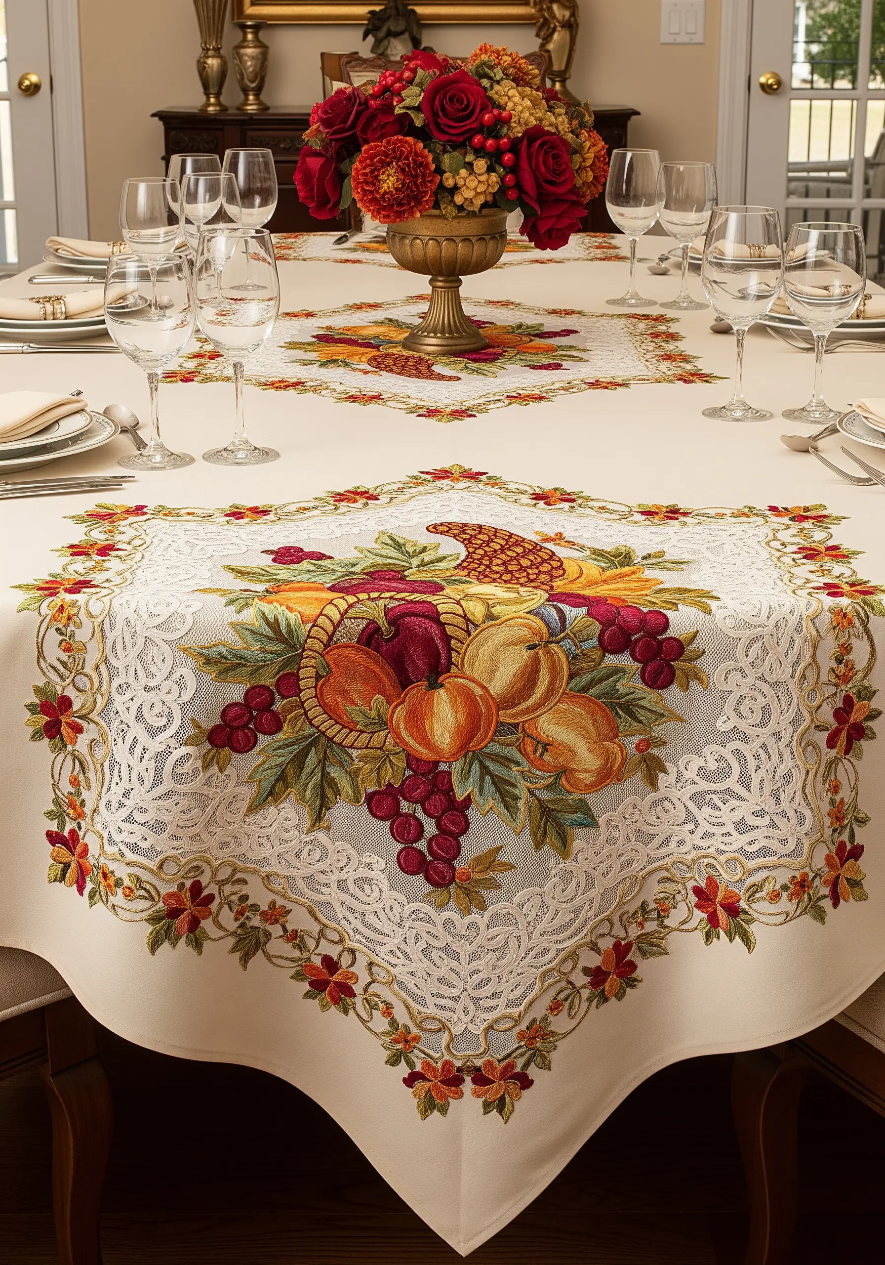 Embroidered cornucopia with autumn fruits stitched onto a lace insert on a tablecloth.