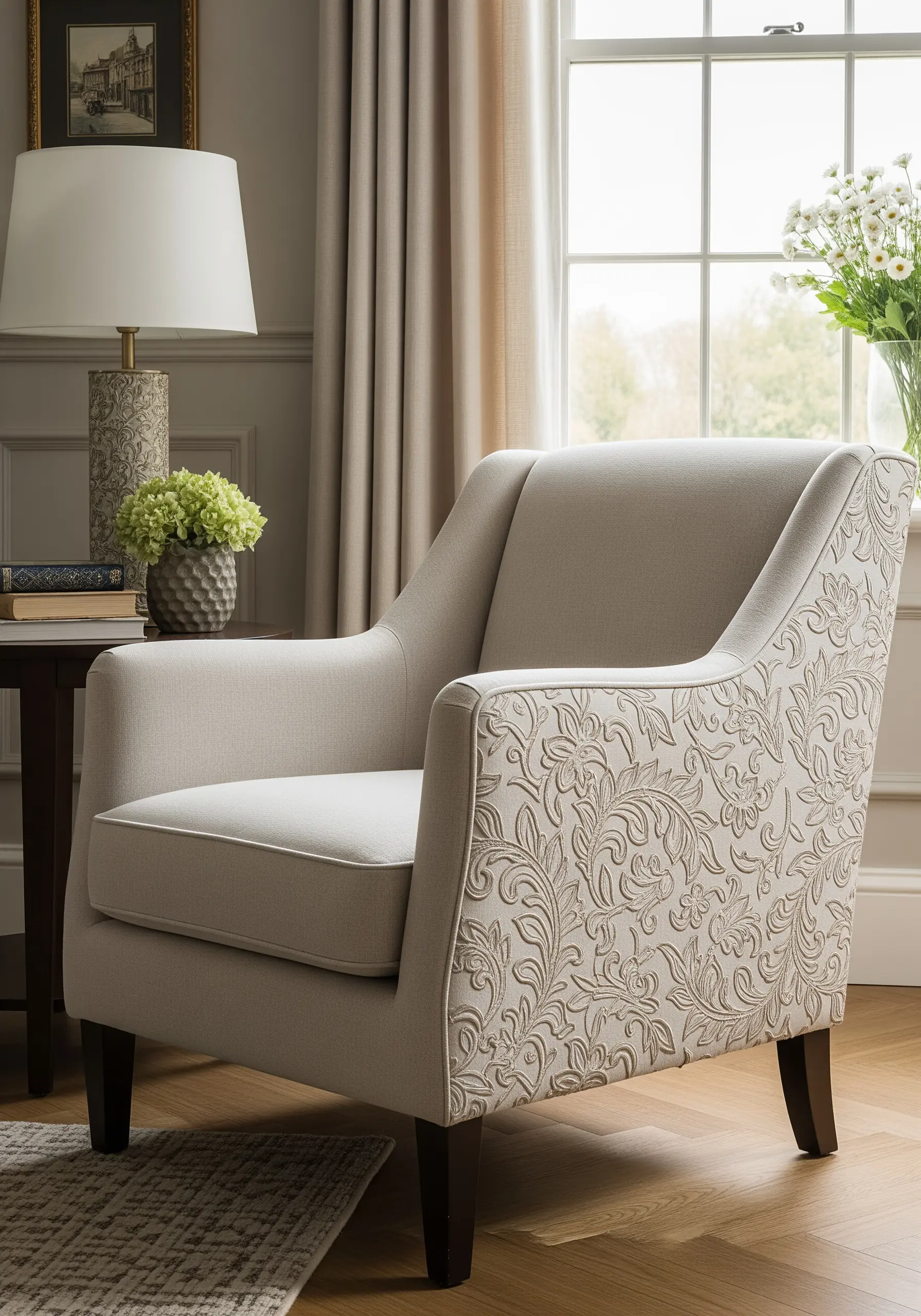 An armchair upholstered in a beige fabric with an all-over embroidered vine pattern.