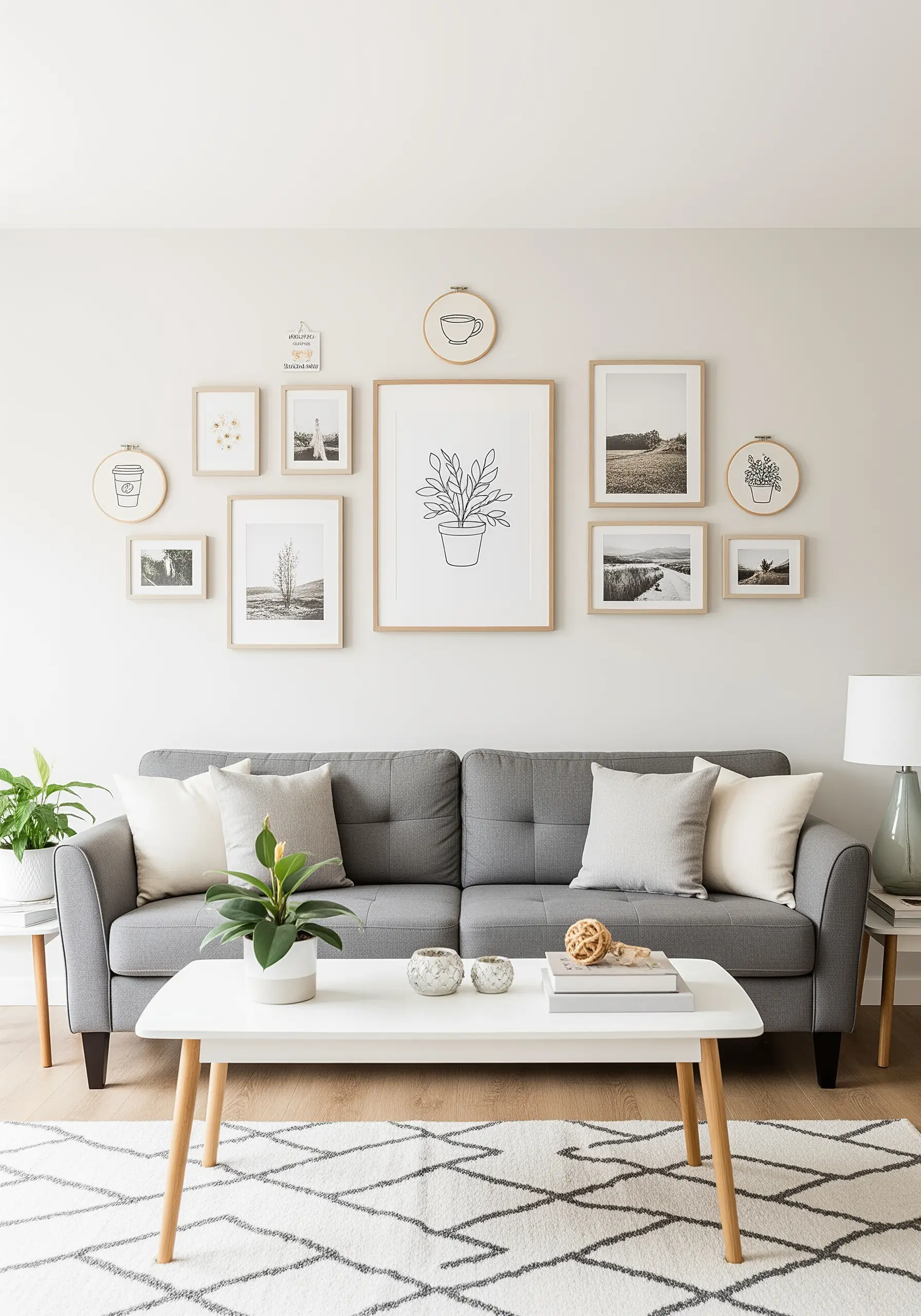 A gallery wall mixing framed line art prints with small, minimal embroidery hoops