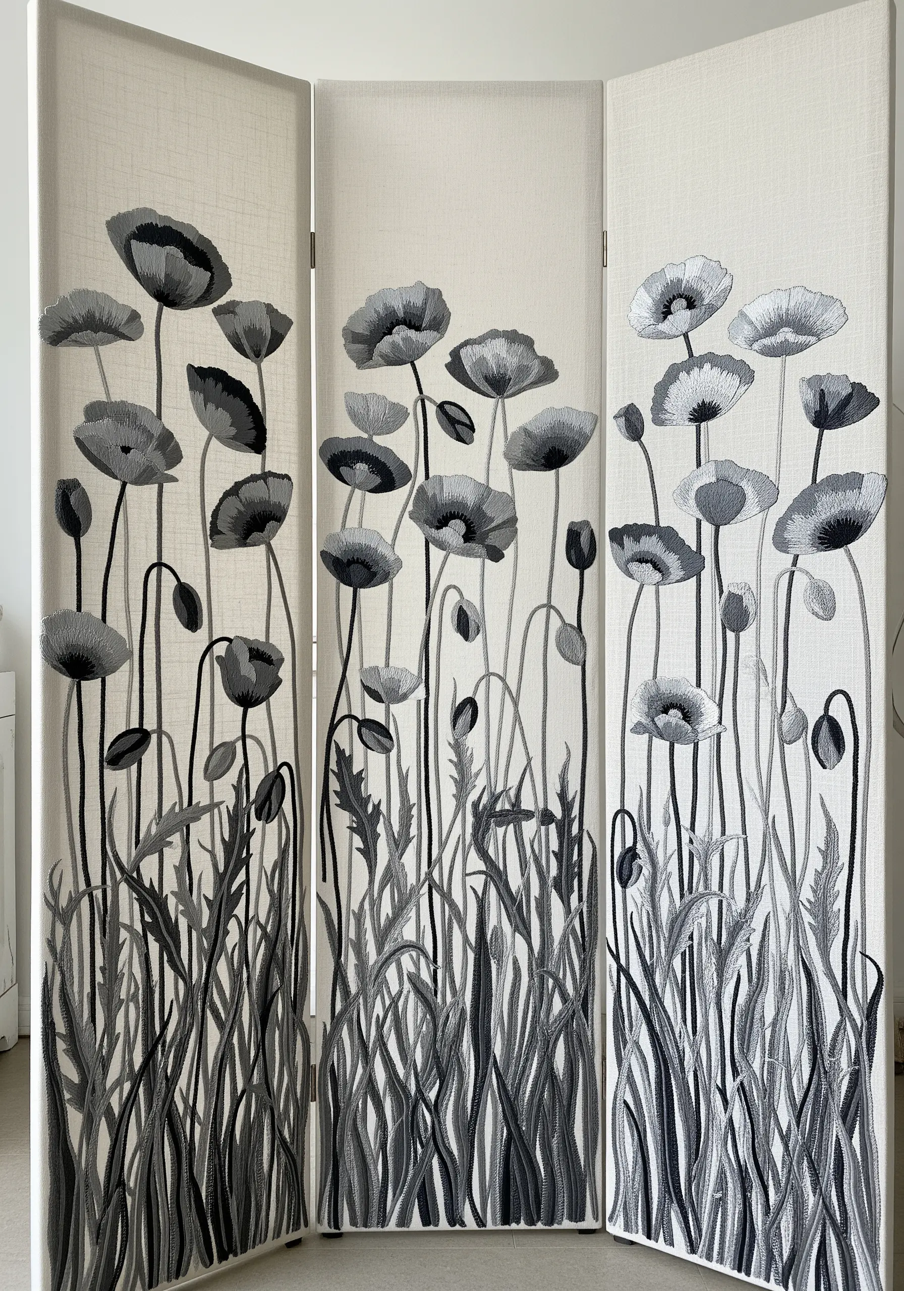 A three-panel folding screen with embroidered monochrome grey poppies and grasses.