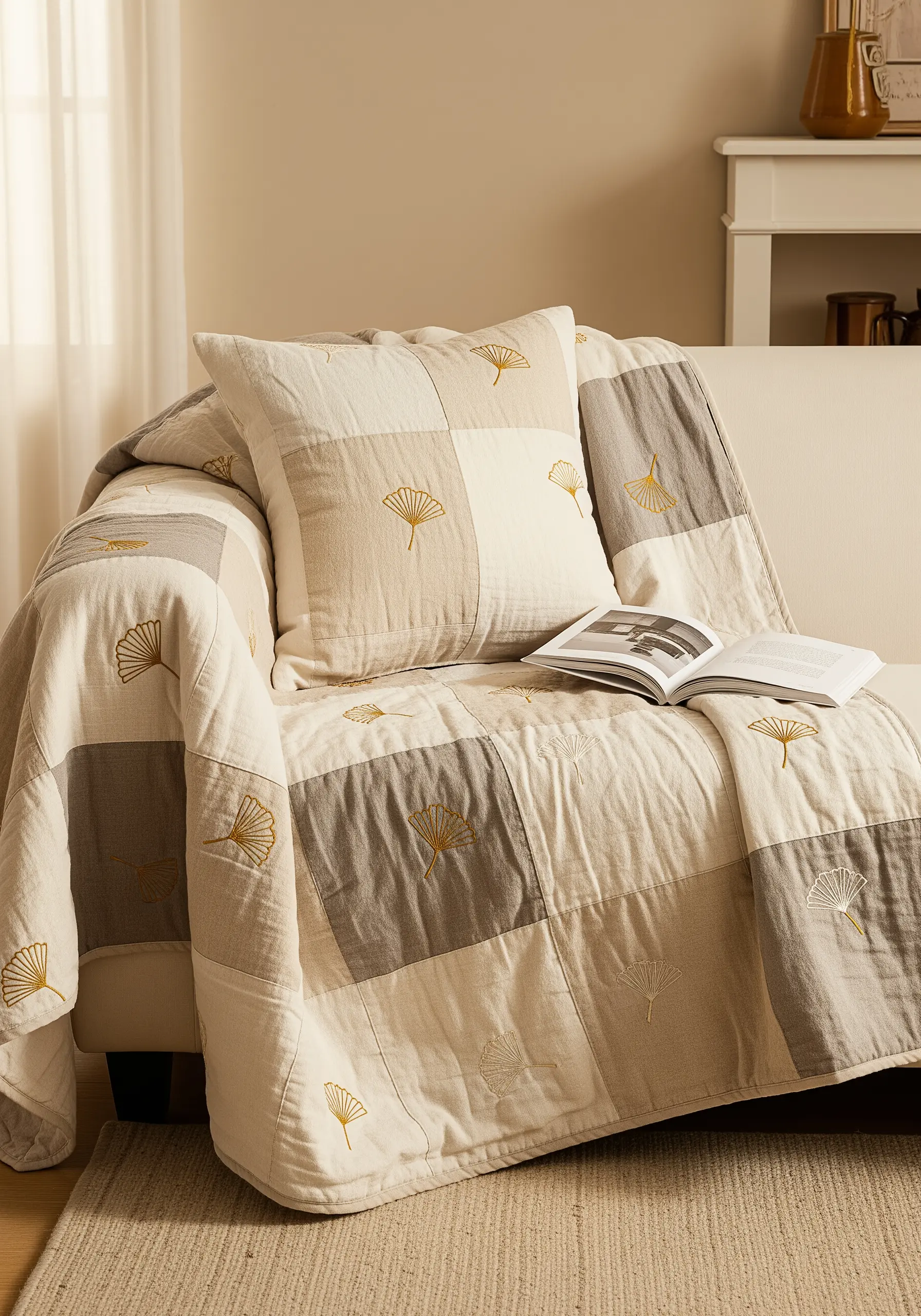 A patchwork quilt in neutral tones with a small, embroidered ginkgo leaf in each square
