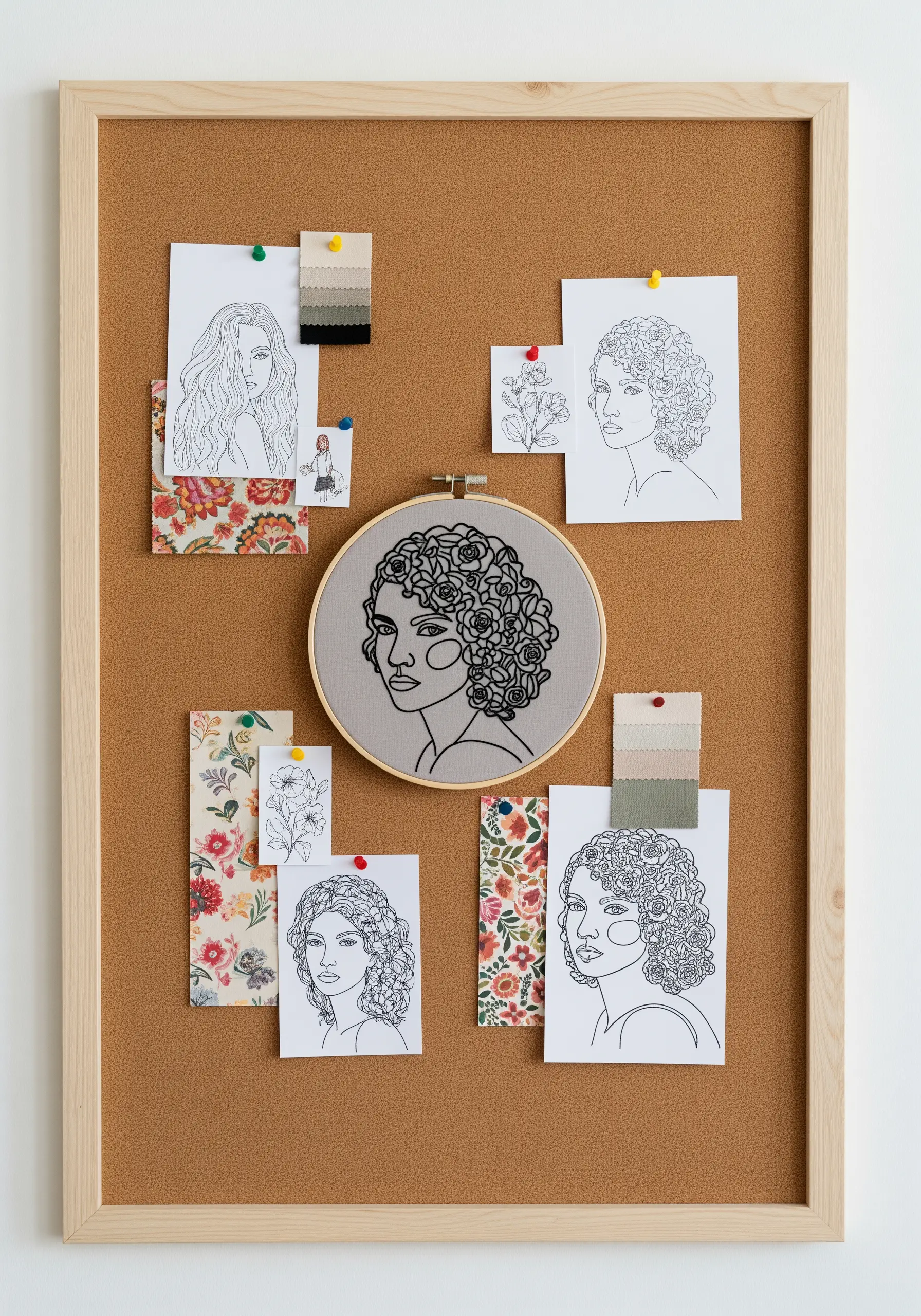 An embroidered portrait of a woman with floral hair, pinned to a cork mood board.