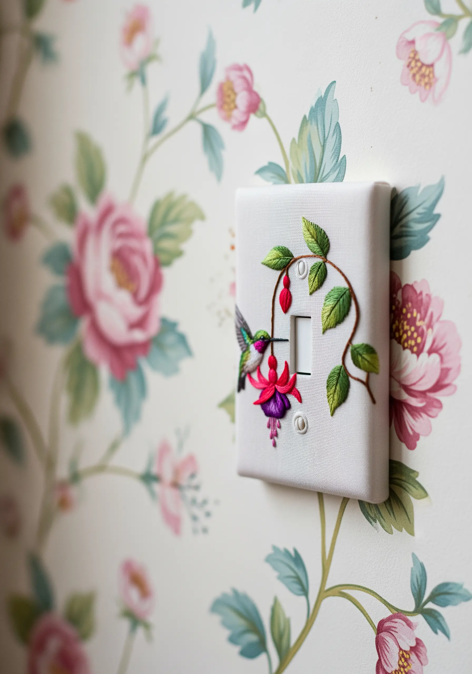 A light switch cover wrapped in fabric and embroidered with a hummingbird and fuchsia flowers.