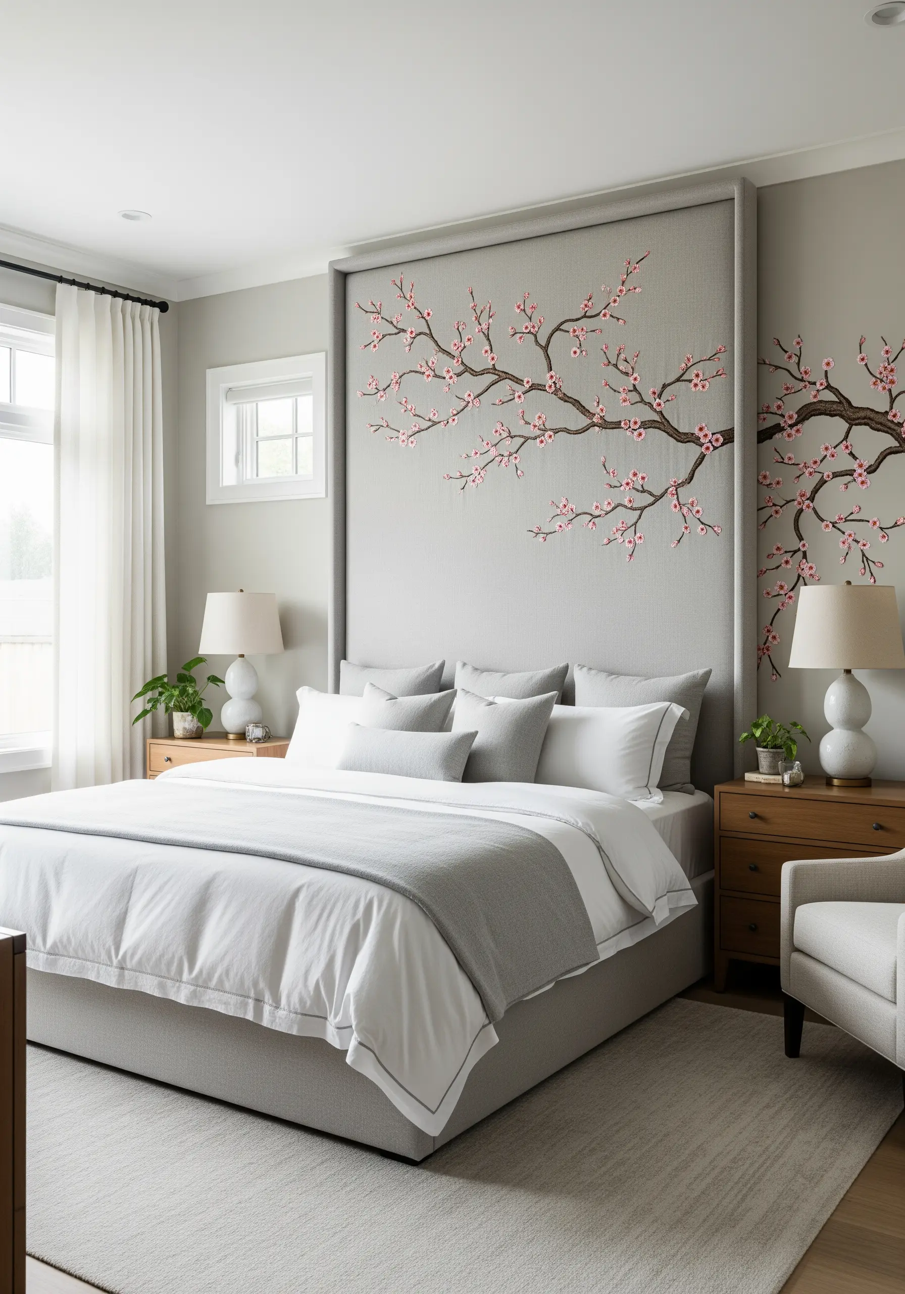 A tall, grey upholstered headboard featuring a large, embroidered cherry blossom branch.