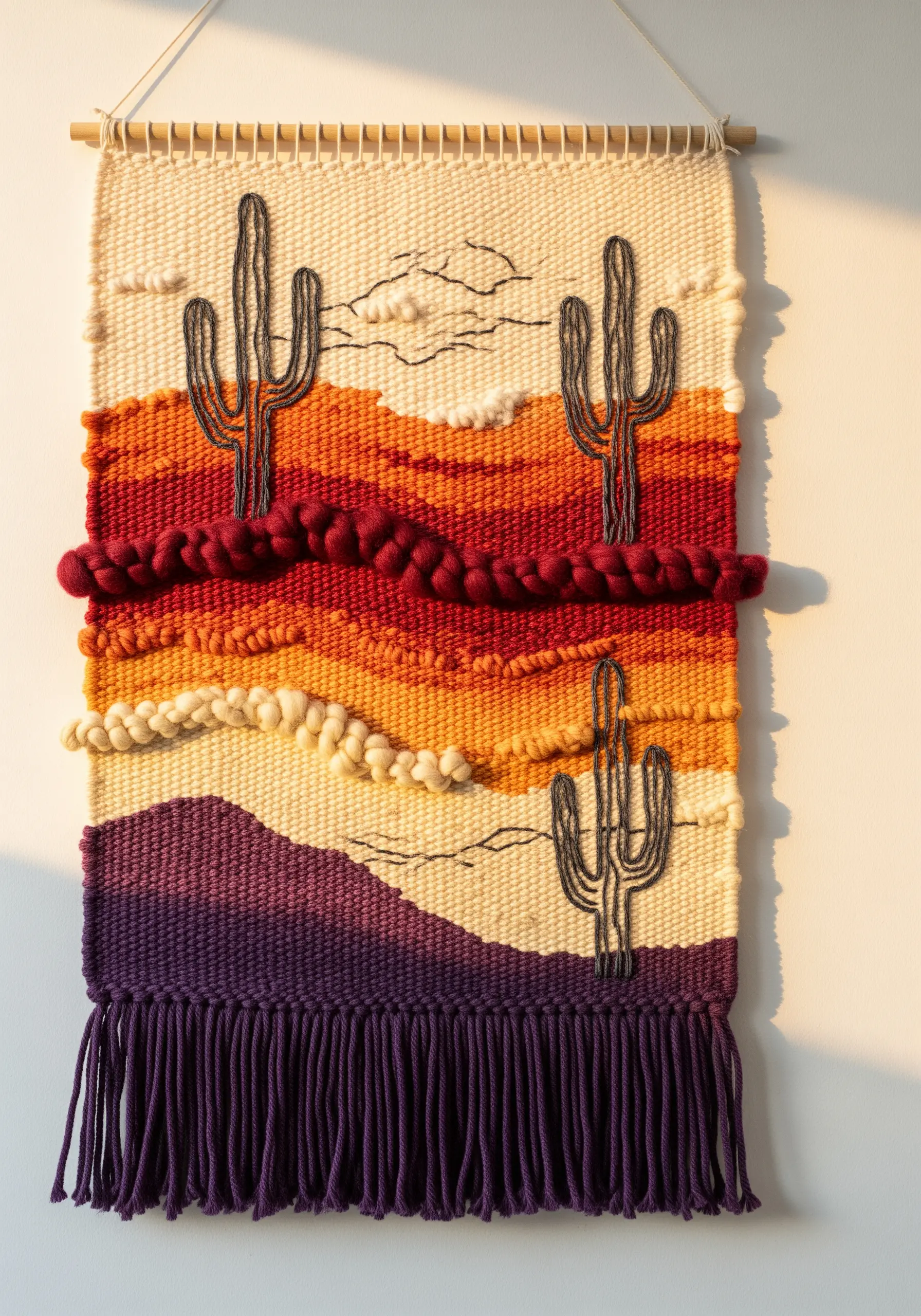 Woven wall hanging of a desert landscape with embroidered cactus outlines.
