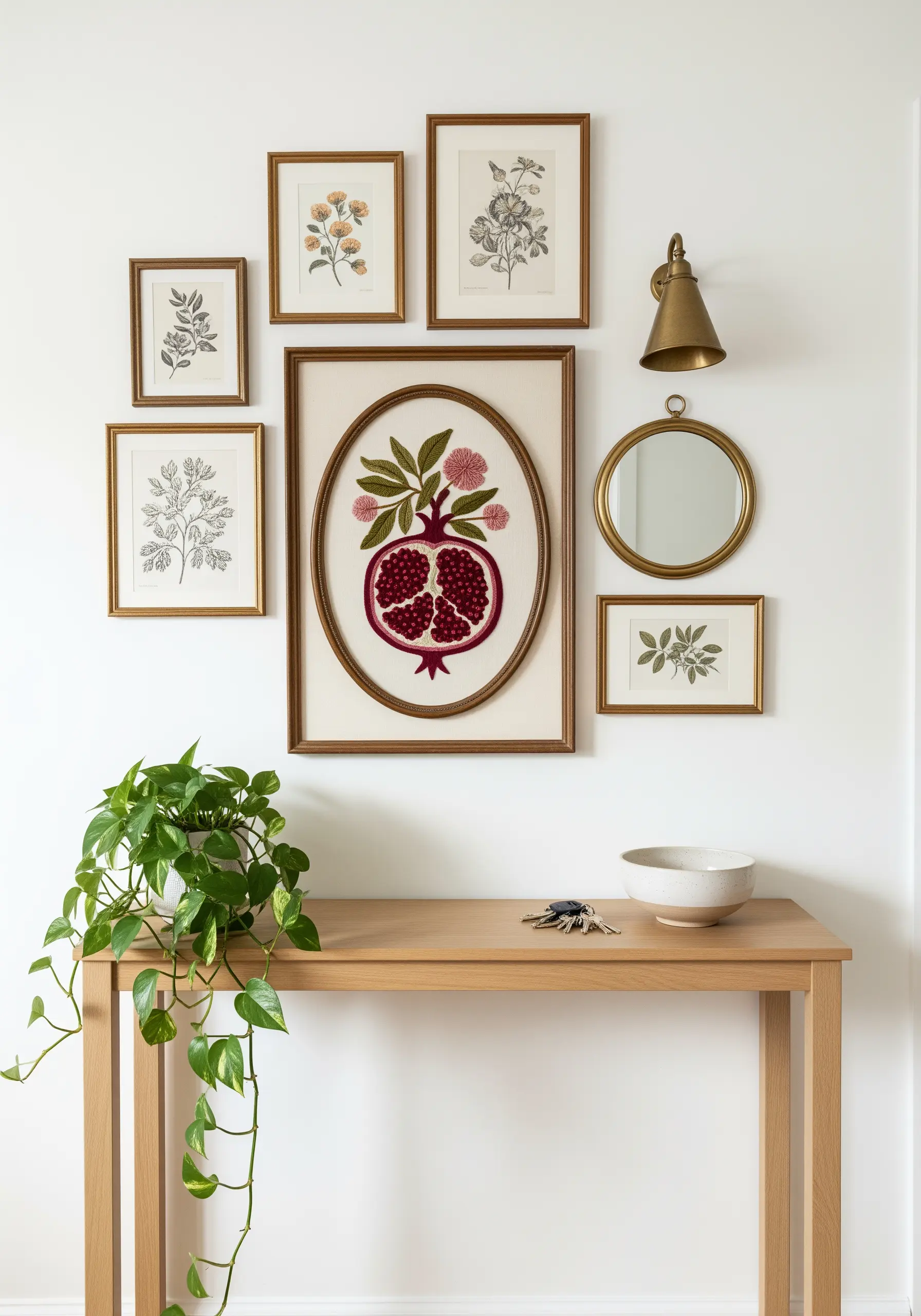 A gallery wall with an embroidered pomegranate centerpiece alongside framed botanical prints.