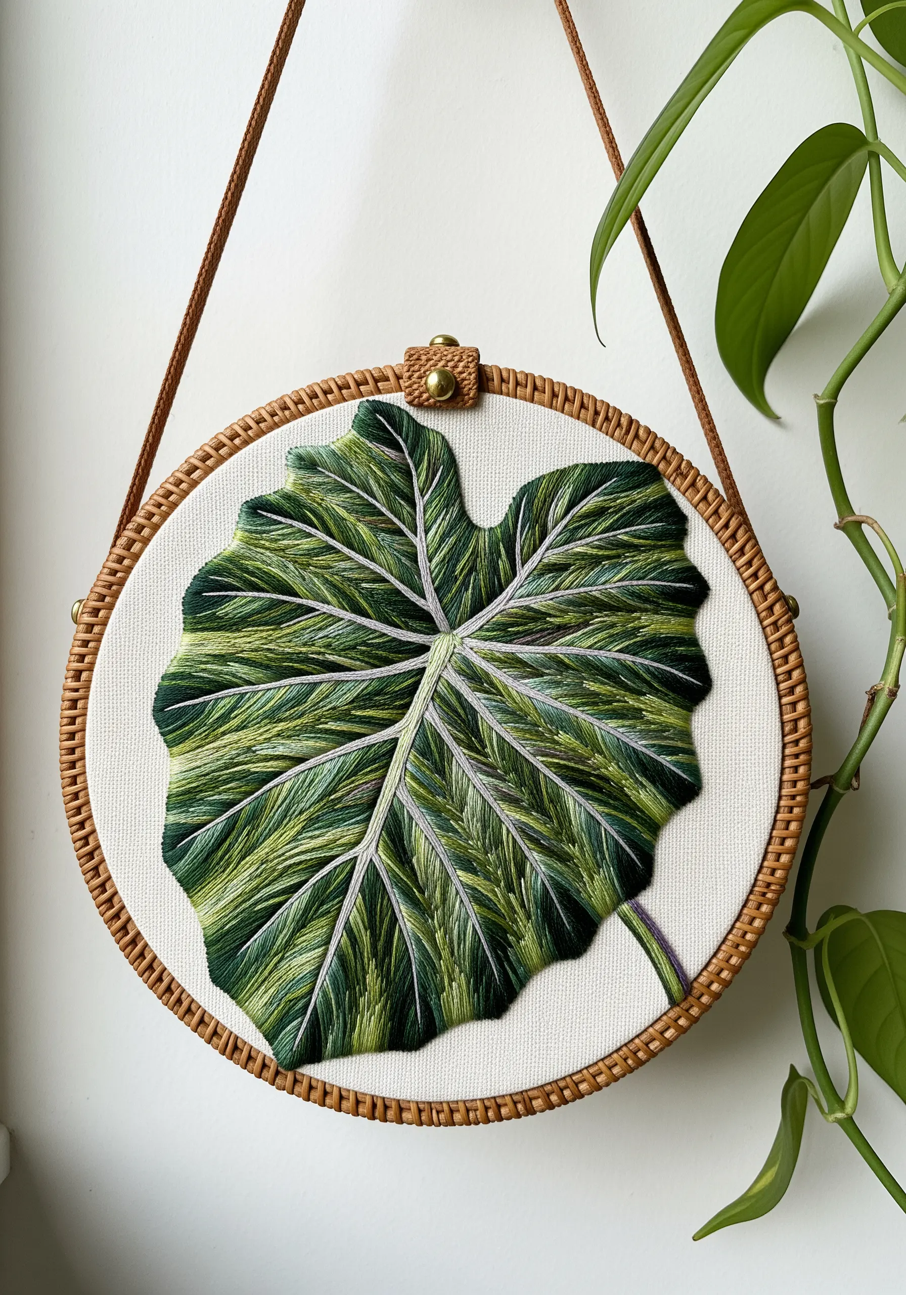 A hyper-realistic embroidered leaf mounted inside a circular rattan frame or bag.