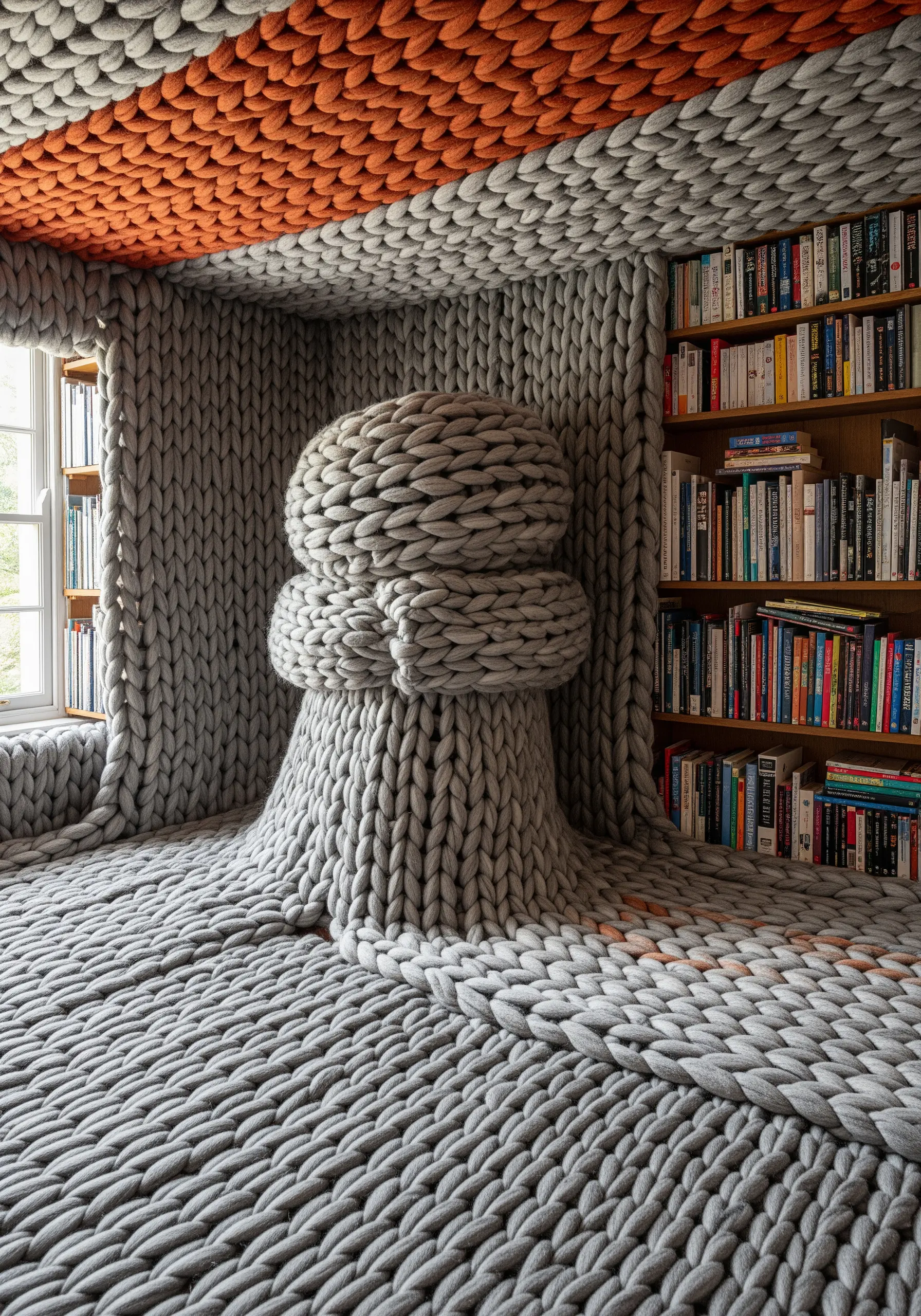 A room where the walls and floor are covered in giant, gray cable-knit texture, with an orange ceiling.