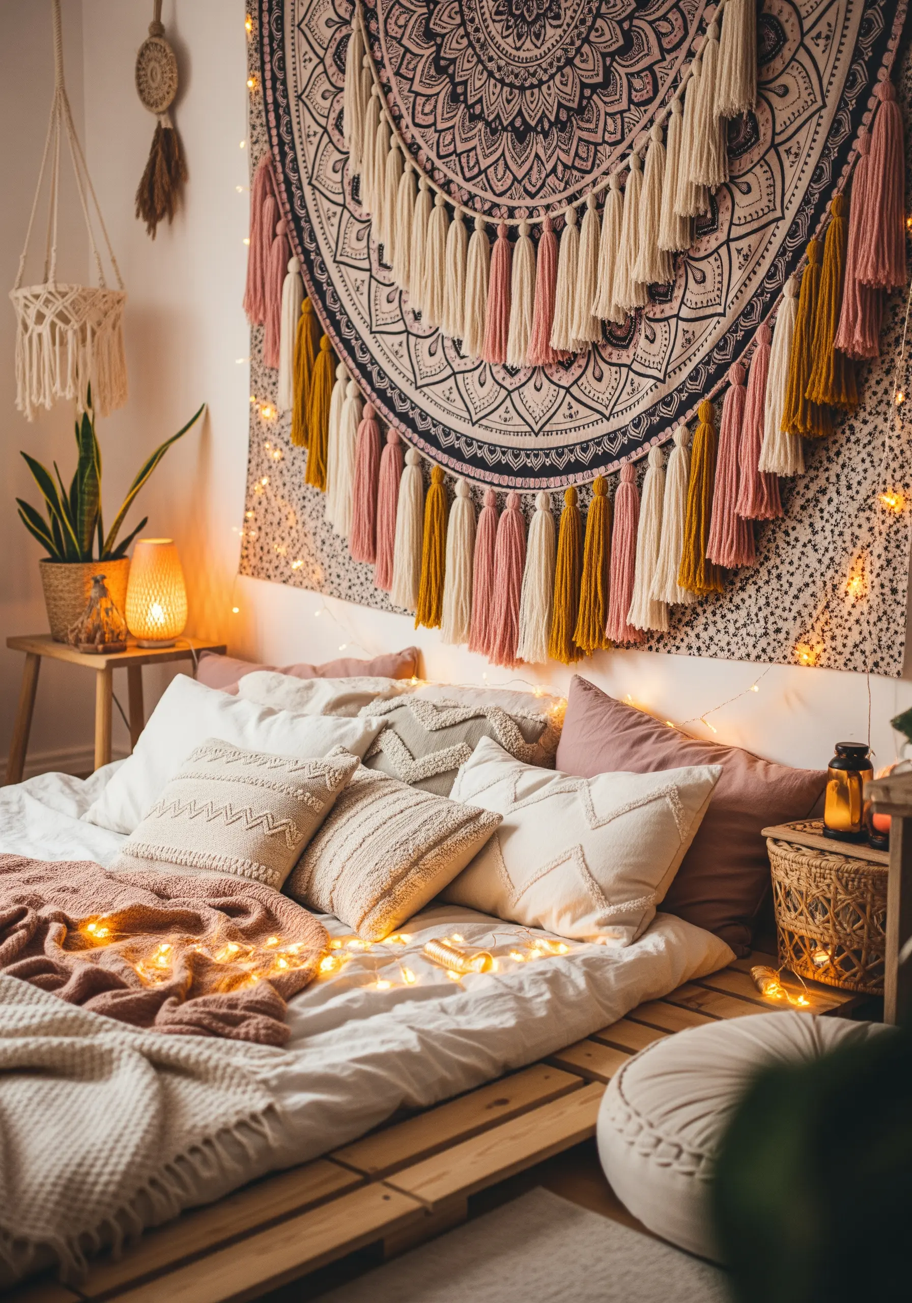 Large embroidered mandala tapestry with multi-colored tassels hanging below.