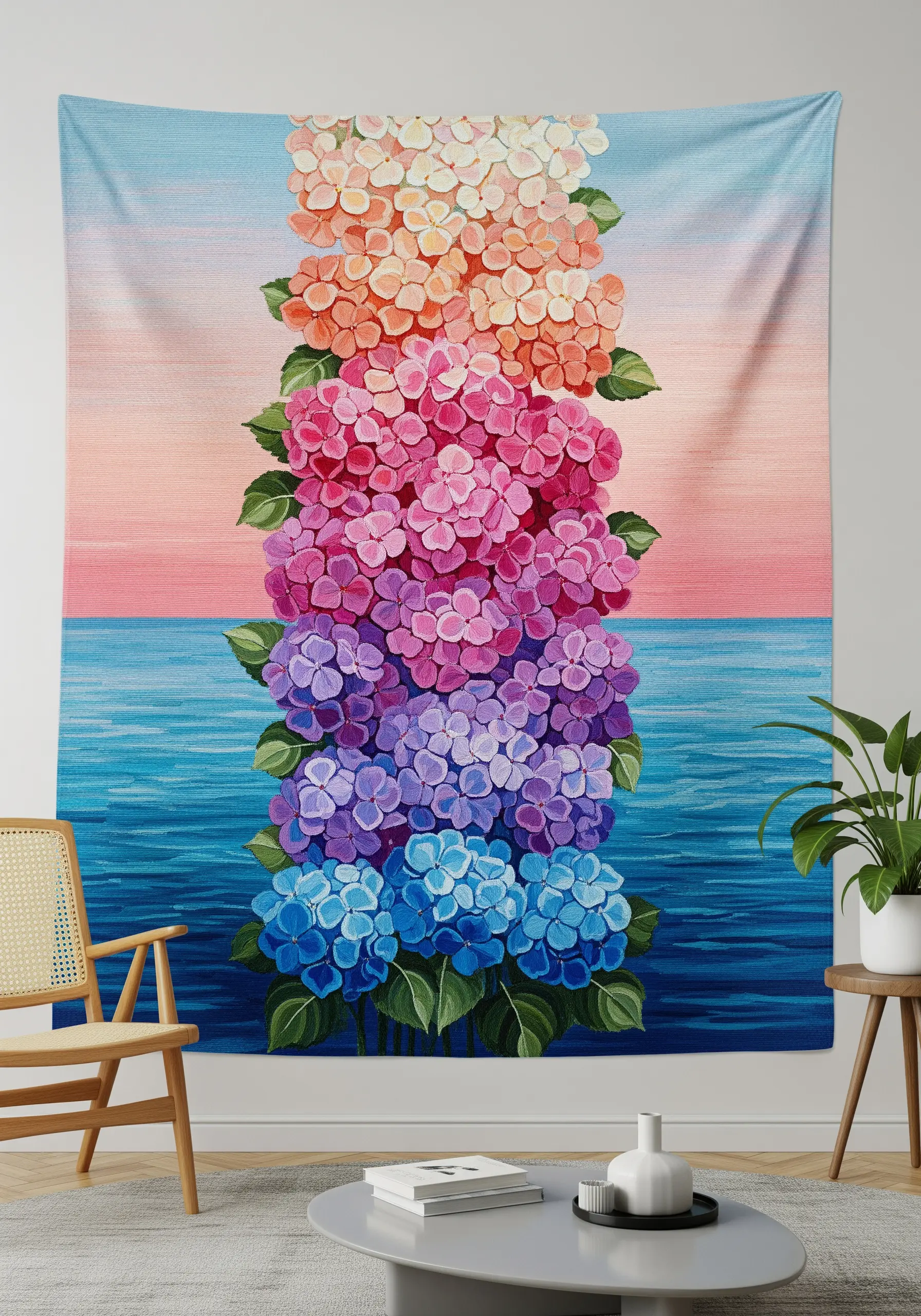 Wall tapestry of stacked hydrangeas against an embroidered background of a pink sky and blue water.
